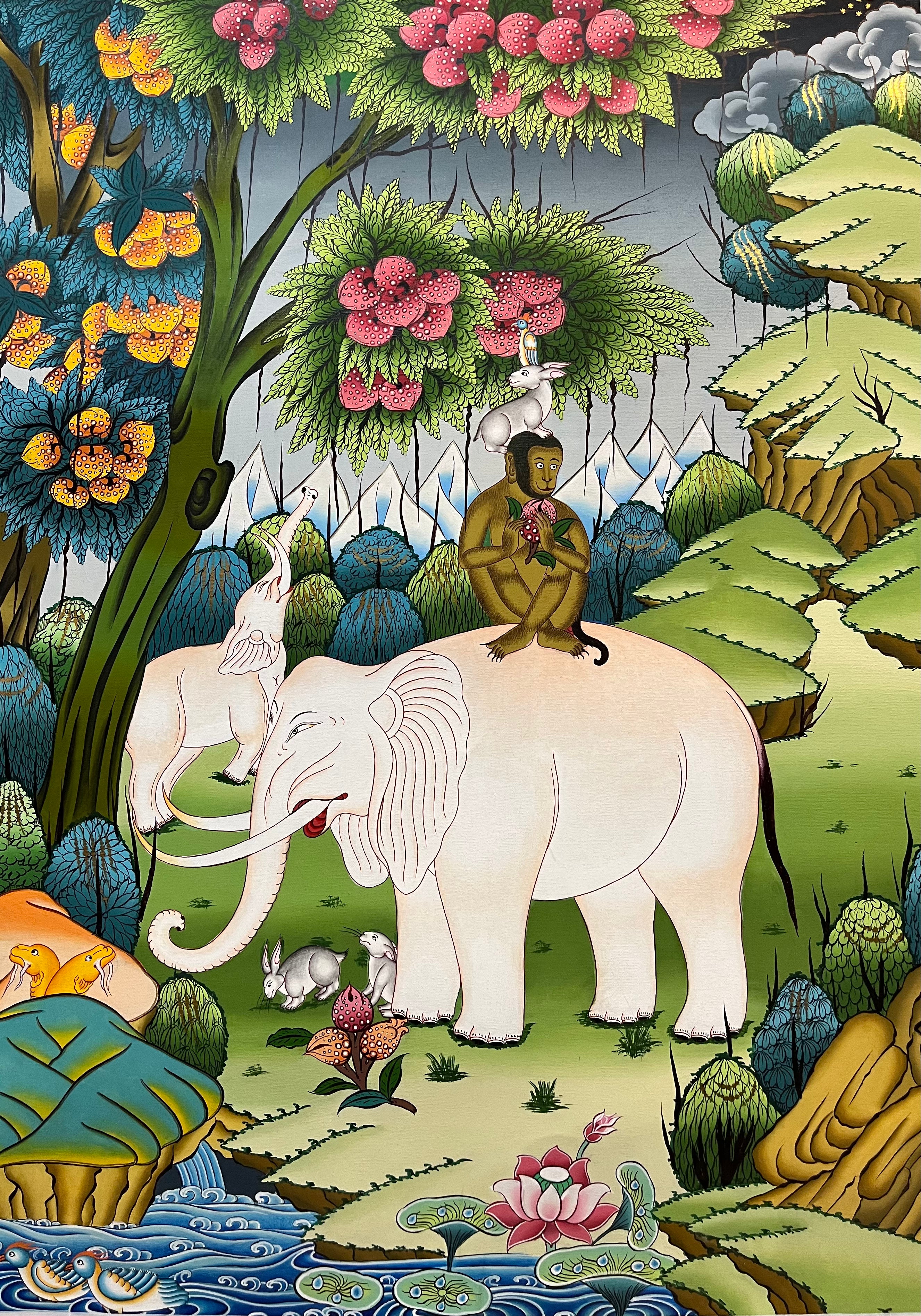 4 Harmonious Friends - Premium Thangka Painting - Himalayas Shop