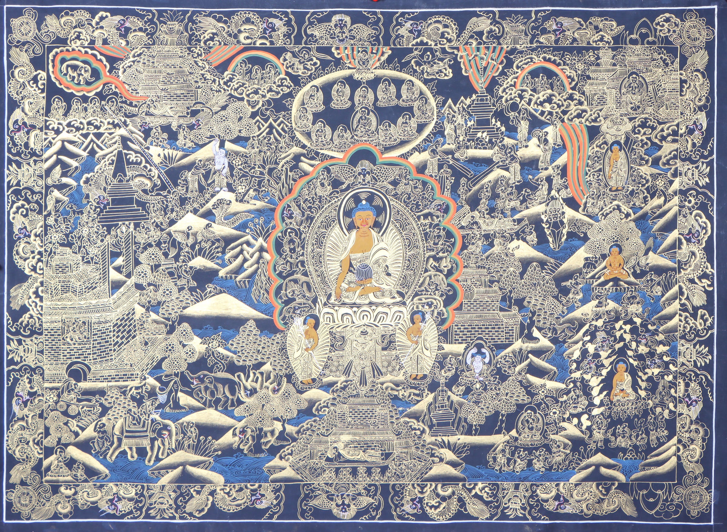 The Buddha Life Thangka represents the essence of the Buddha's life tale.