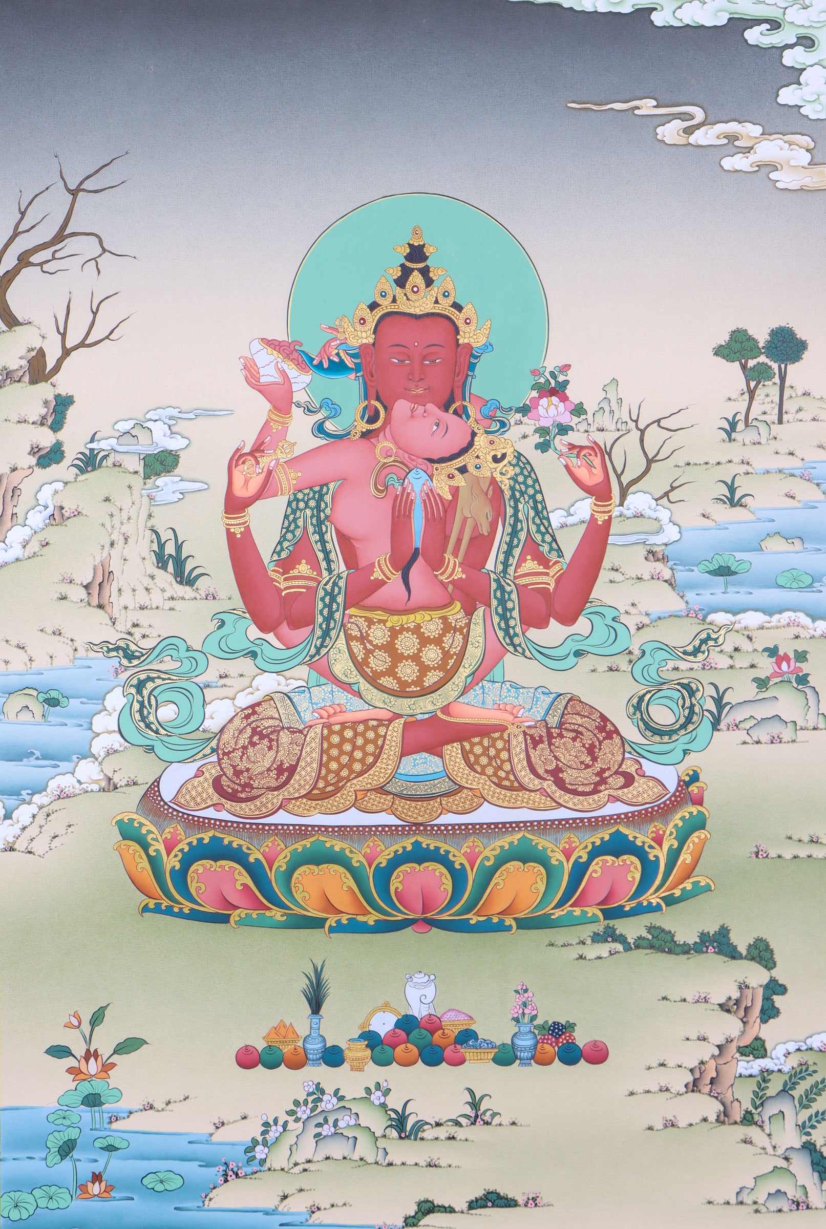 Arya Avalokiteshvara Thangka is a meditation form of odhisattwa Avalokiteswara. High quality Thangka- Karmakagyu