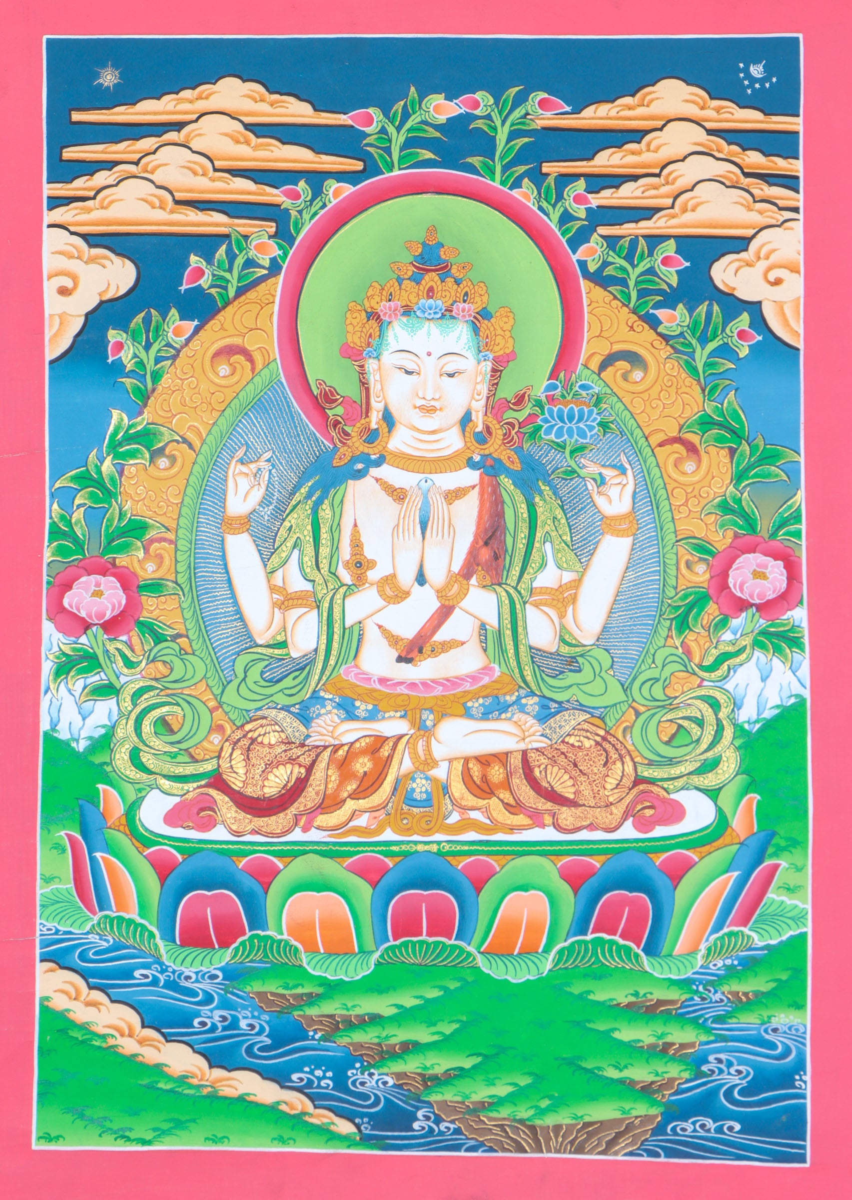 Chengresi Thangka is handmade Painting on Cotton Canvas.