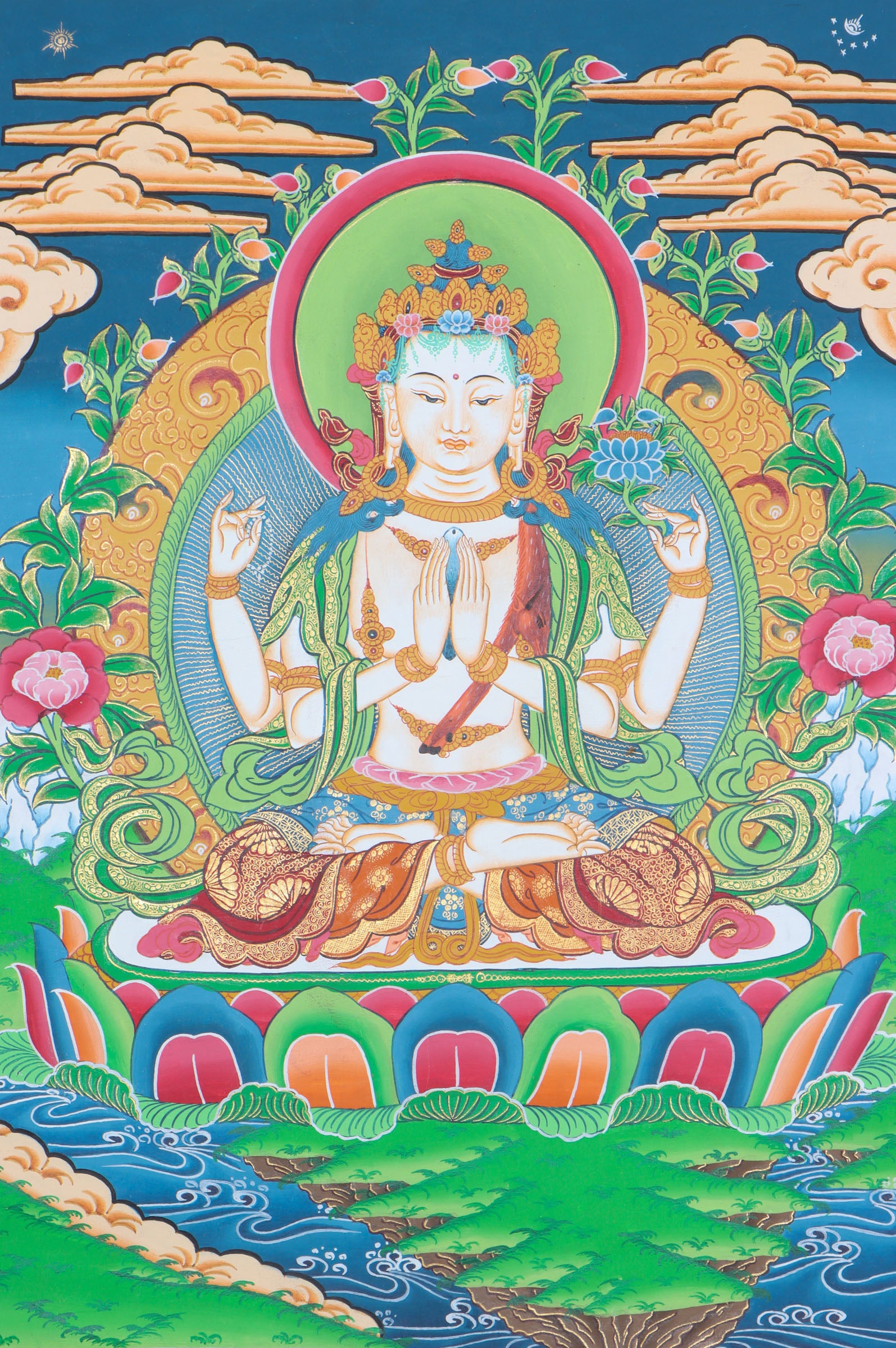 Chengresi Thangka is handmade Painting on Cotton Canvas.