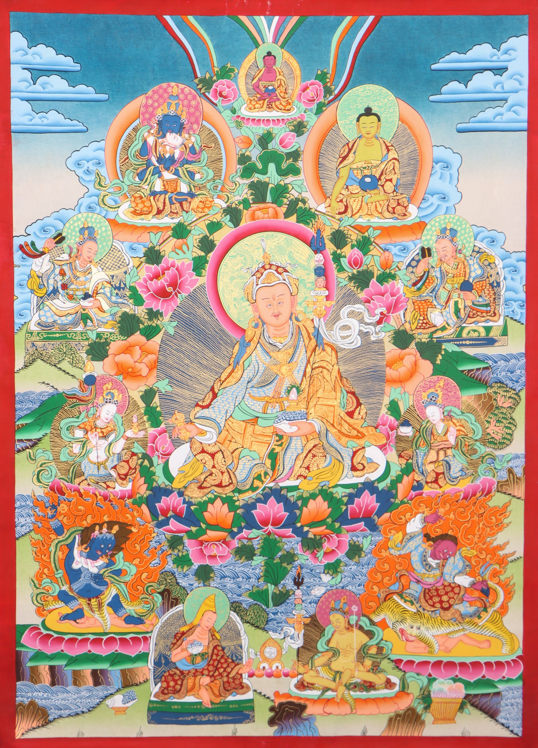 8 Manifestation Of Guru Rinpoche Thangka Authentic Tibetan Thangka 8-manifestation-of-guru-rinpoche-thangka-authentic-tibetan-thangka