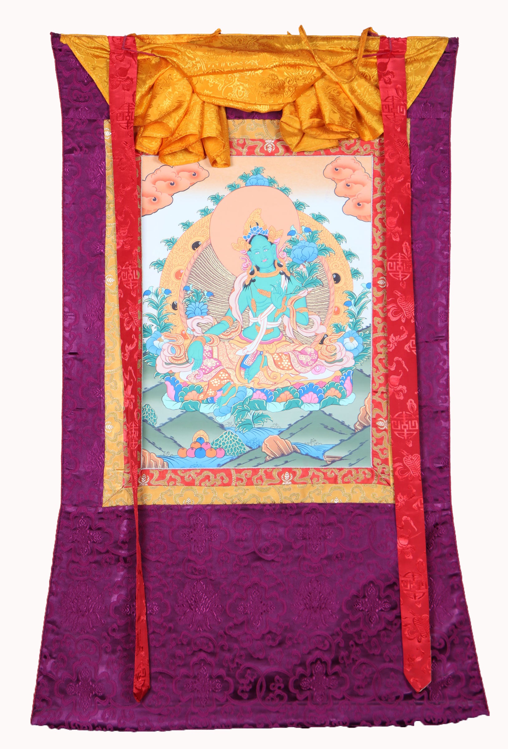 Green Tara Brocade Thangka Painting for religious ceremonies.