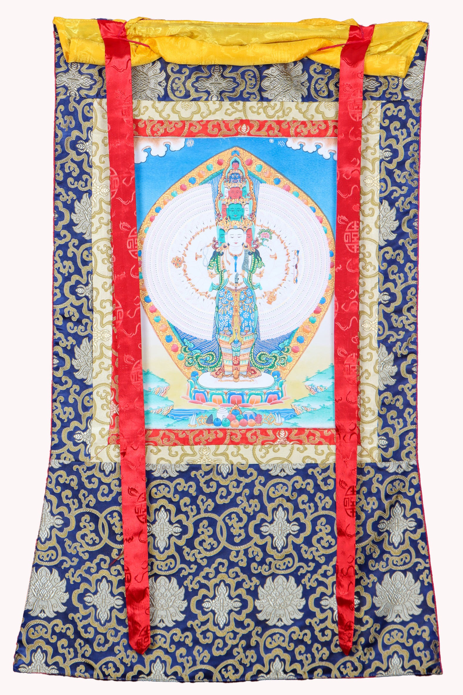 Avalokiteshvara Brocade Thangka Painting for wall decor.