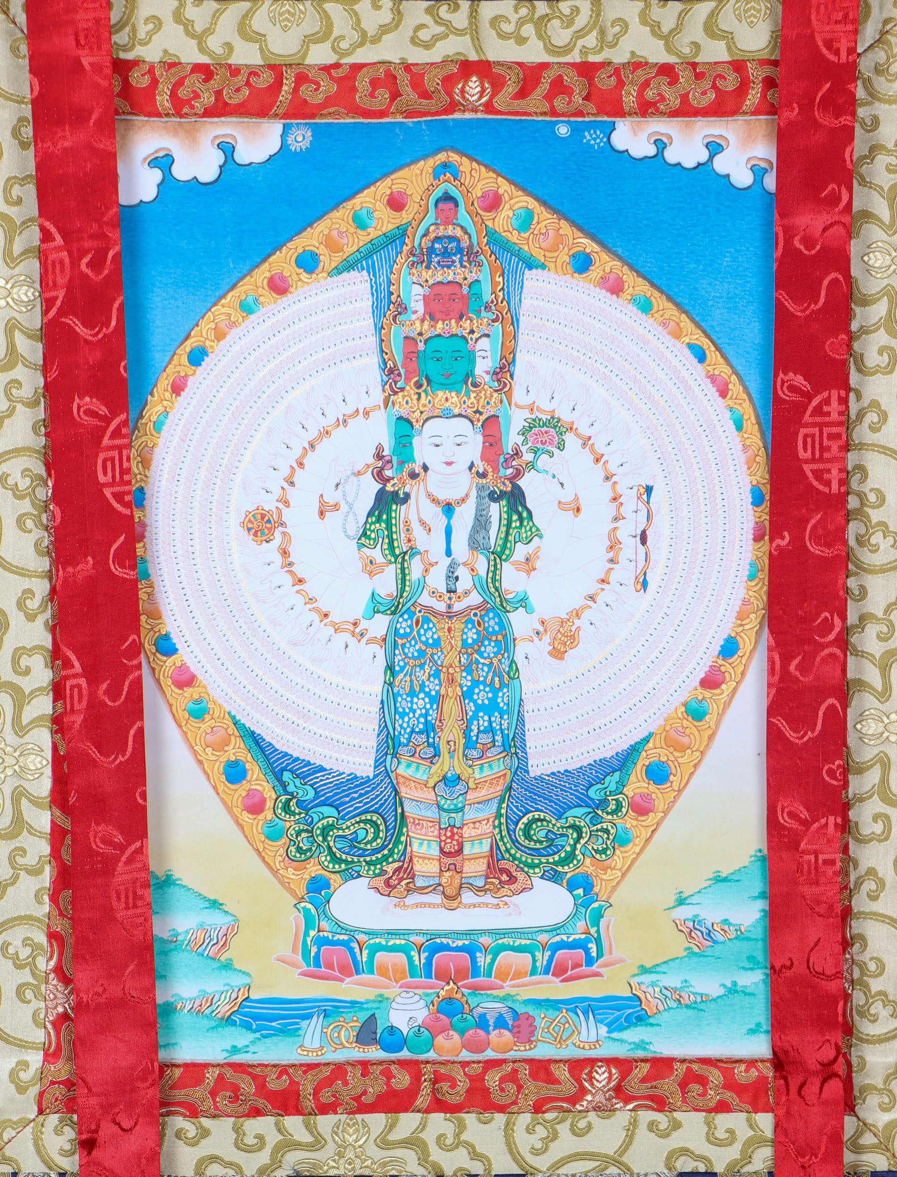 Avalokiteshvara Brocade Thangka Painting for wall decor.