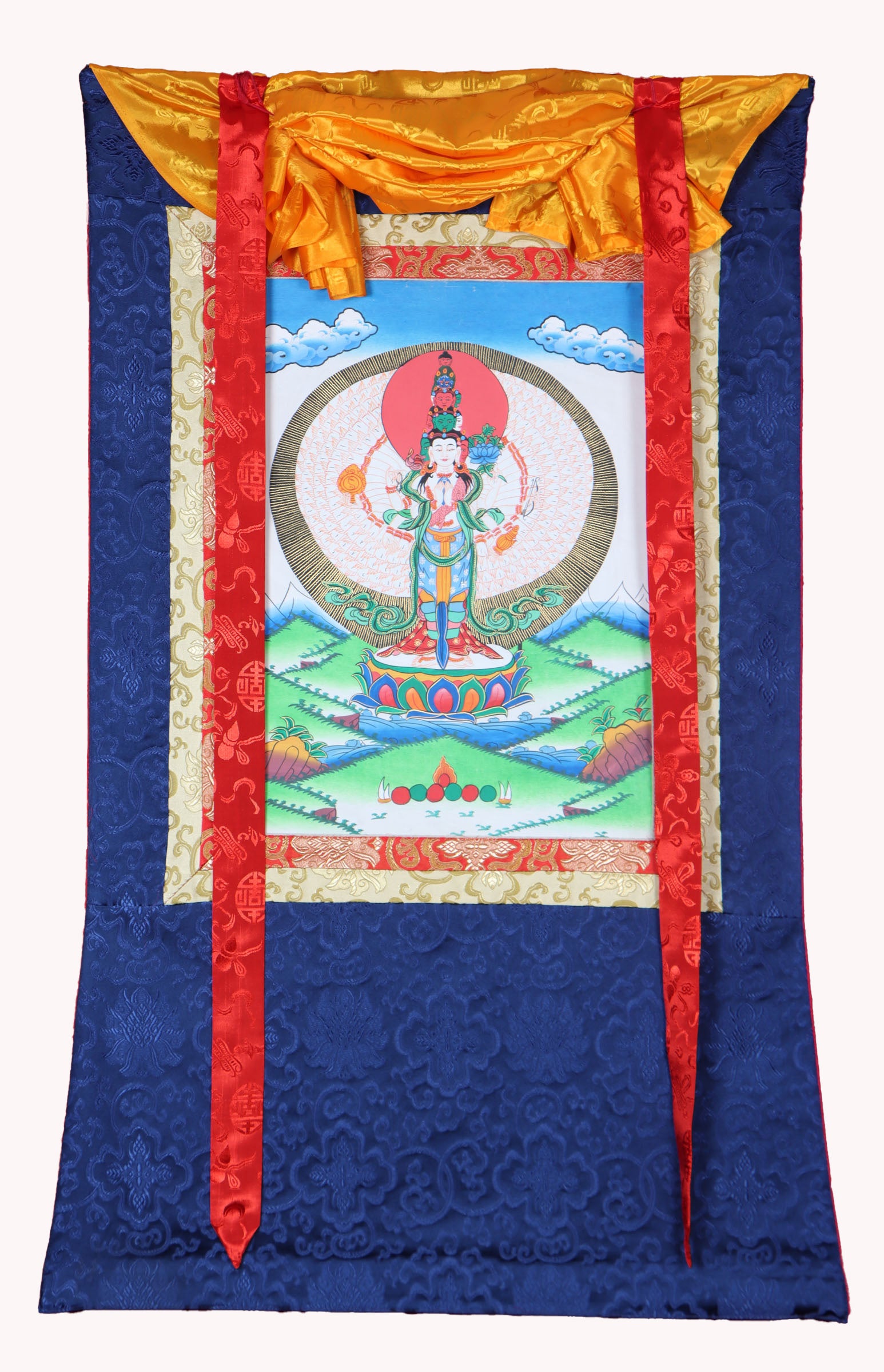 Avalokiteshvara Brocade Thangka - Tibetan Painting 