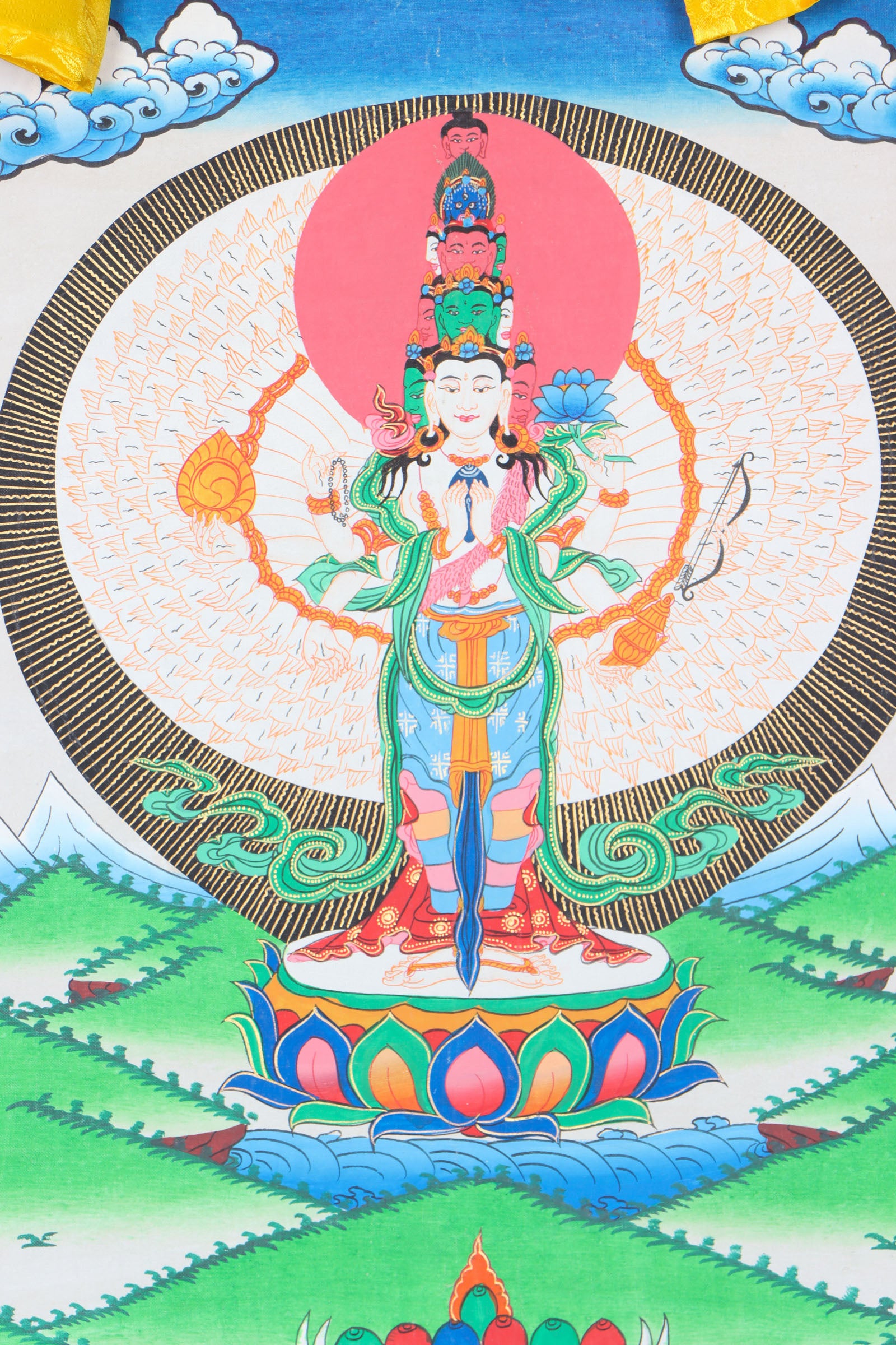 Avalokiteshvara Brocade Thangka Painting for prayer and devotion.
