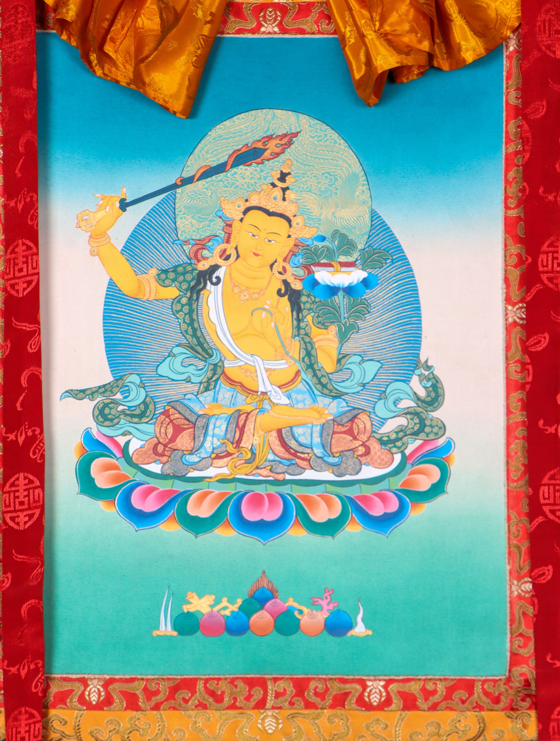 Manjushri Thangka Painting serves as an object of devotion and meditation.