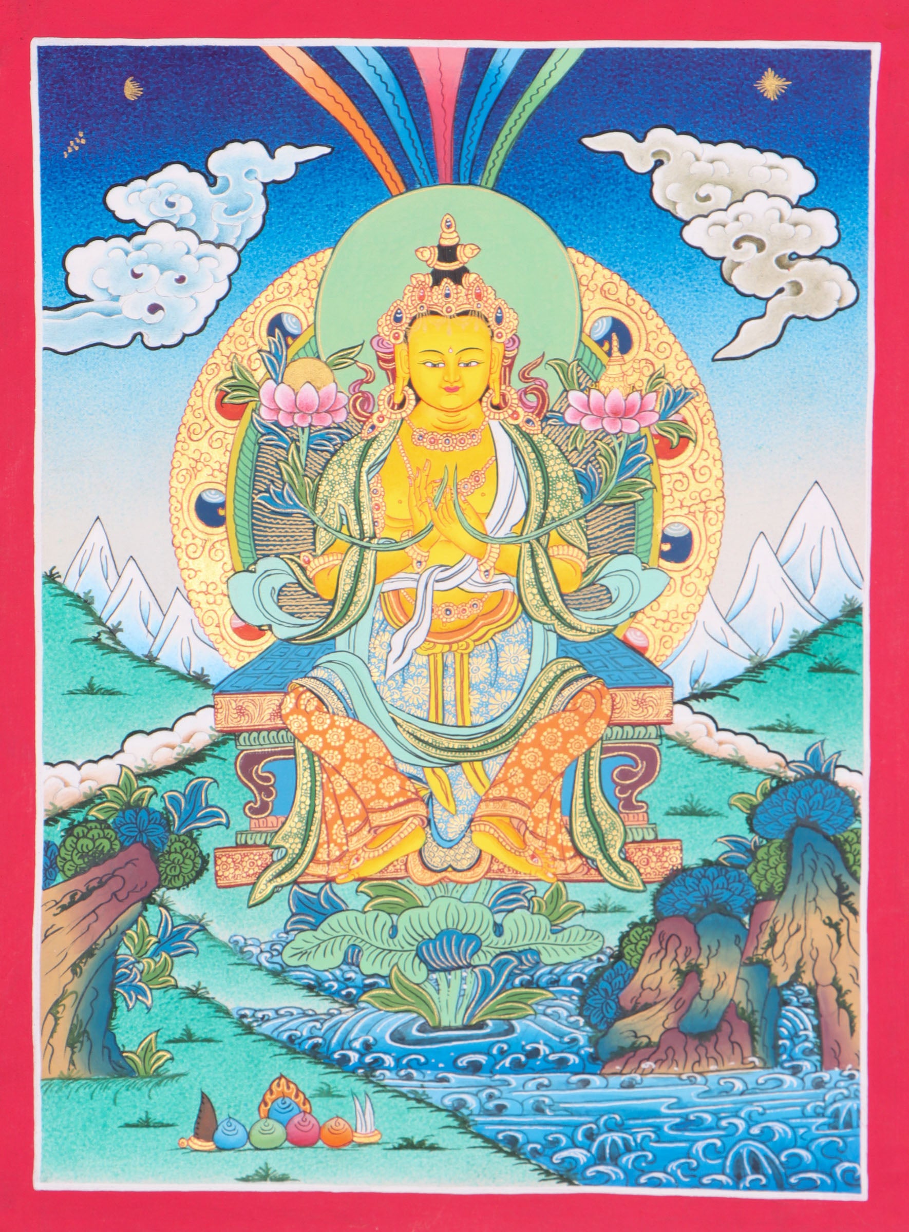 Maitreya Buddha Thangka Art is ideal for meditation and the development of physical and mental wellbeing.