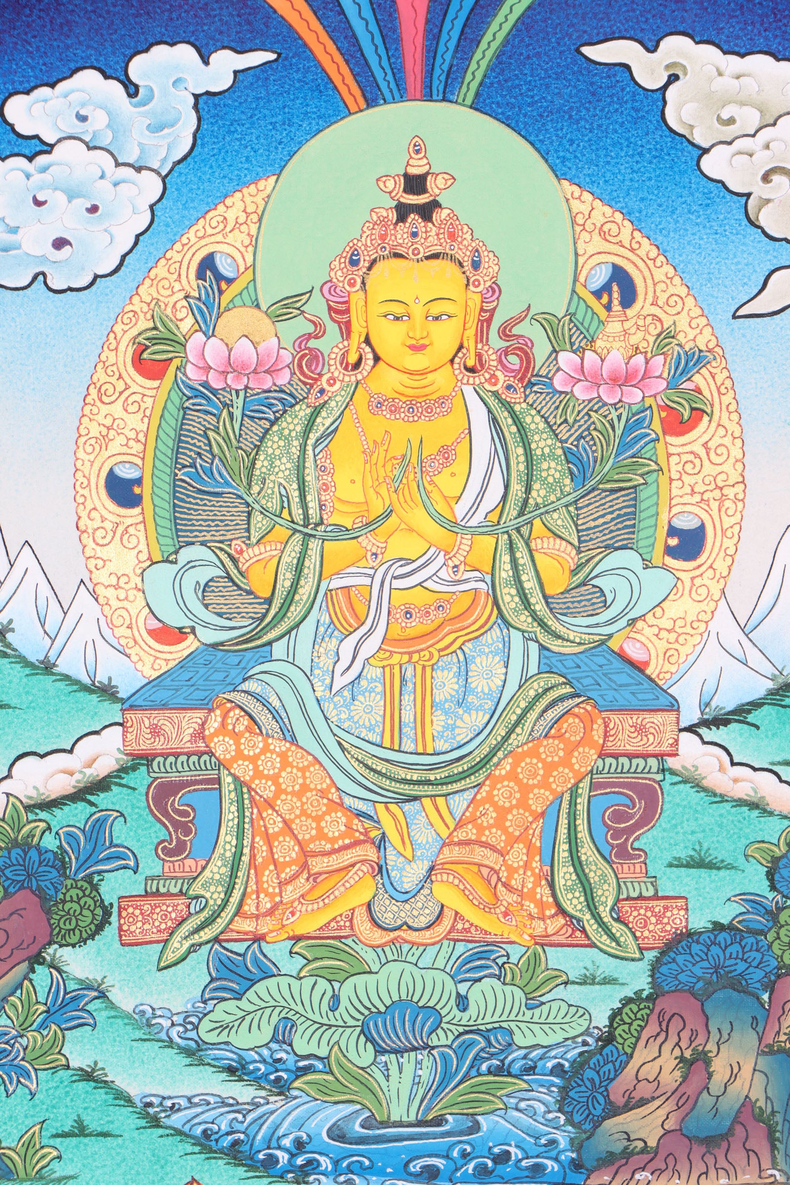 Maitreya Buddha Thangka Art is ideal for meditation and the development of physical and mental wellbeing.