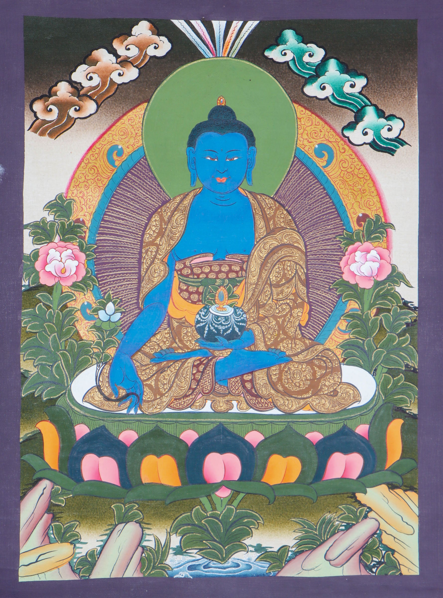 Medicine Buddha Thangka is meticulously hand-painted with vibrant colors. Himalayas Shop