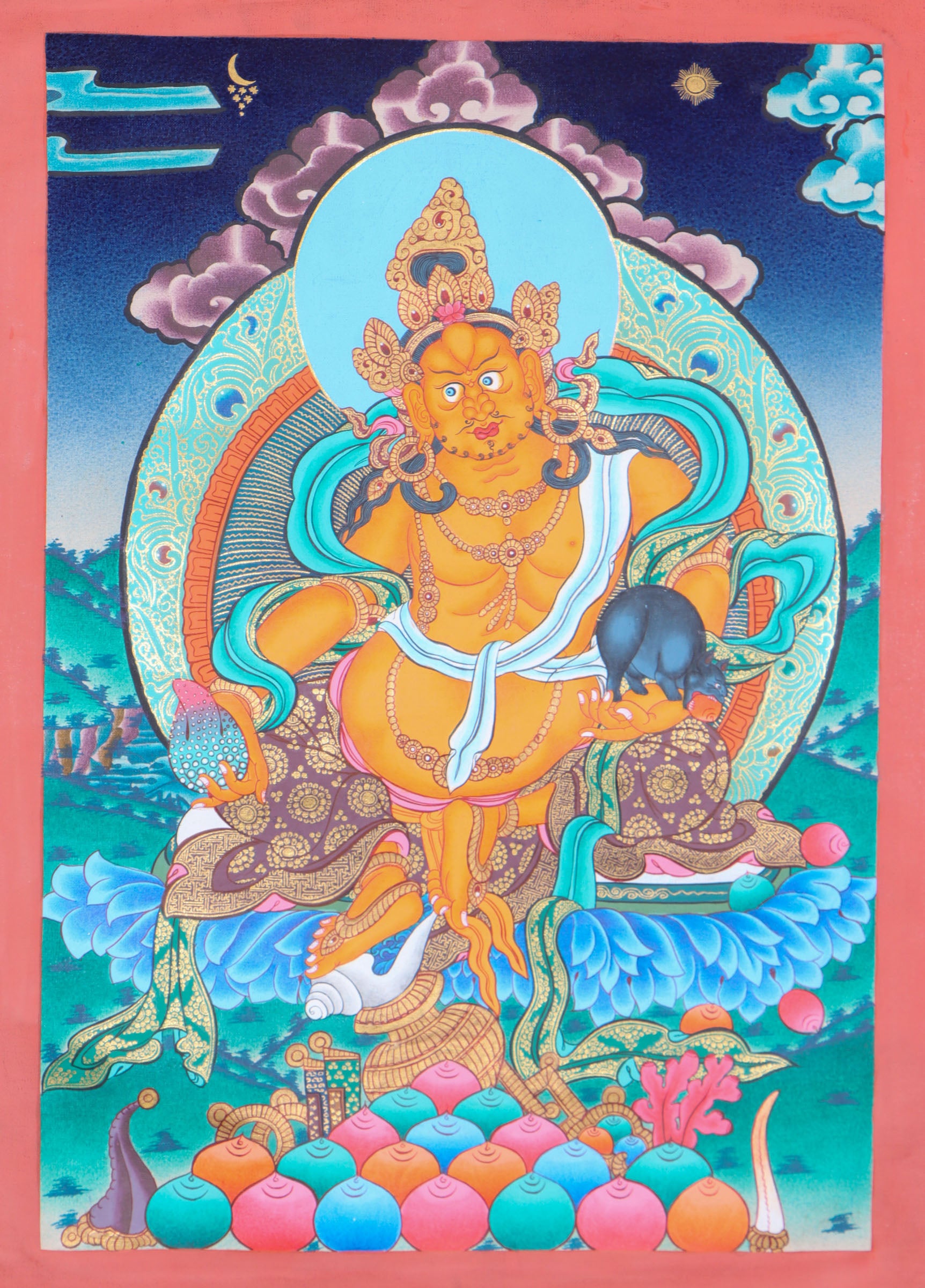 Jambhala, a wealth deity, helps remove poverty and brings abundance to Dharma practitioners.
