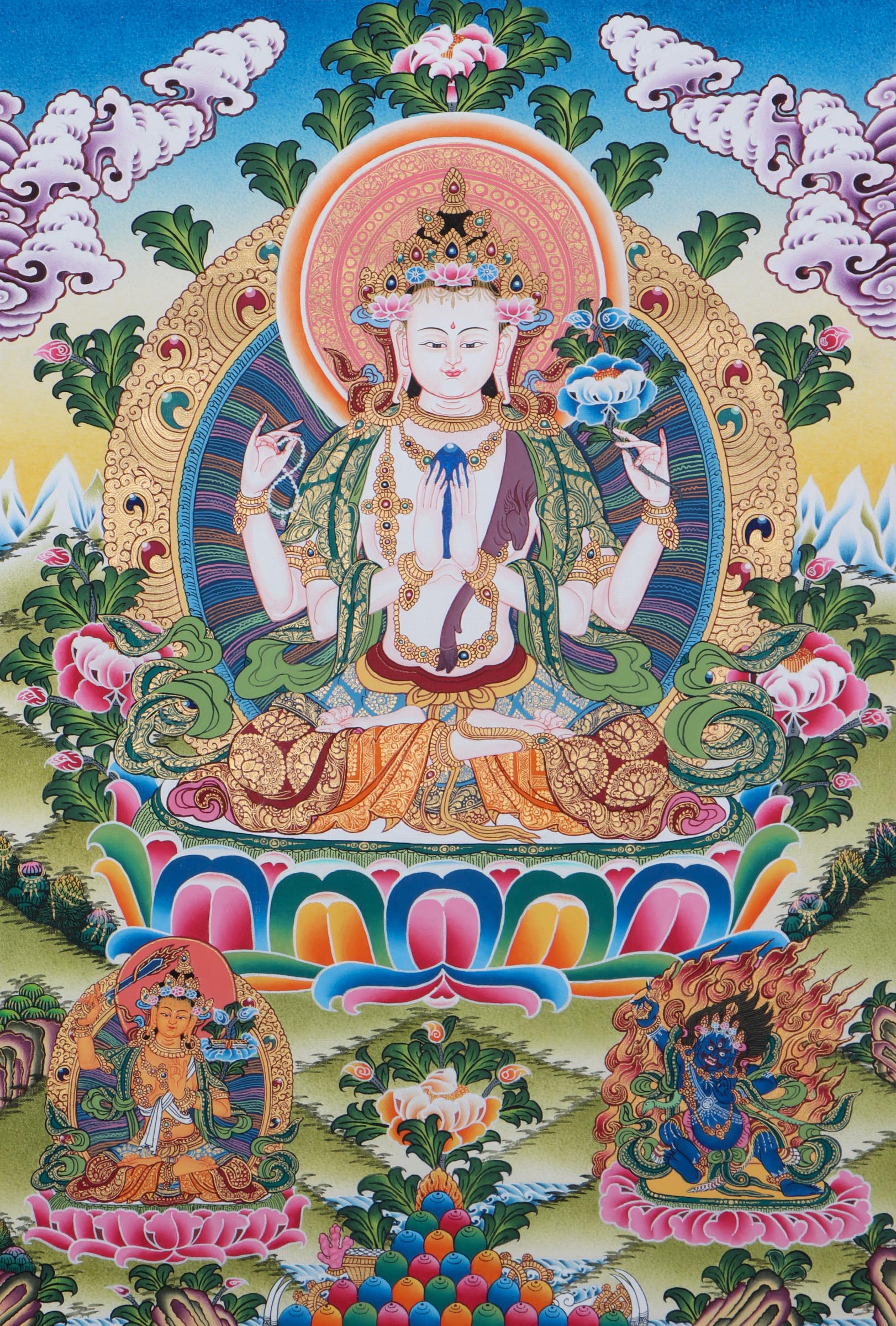 Authentic Tibetan Thangka - Chengresi with Manjusri and Vajrapani