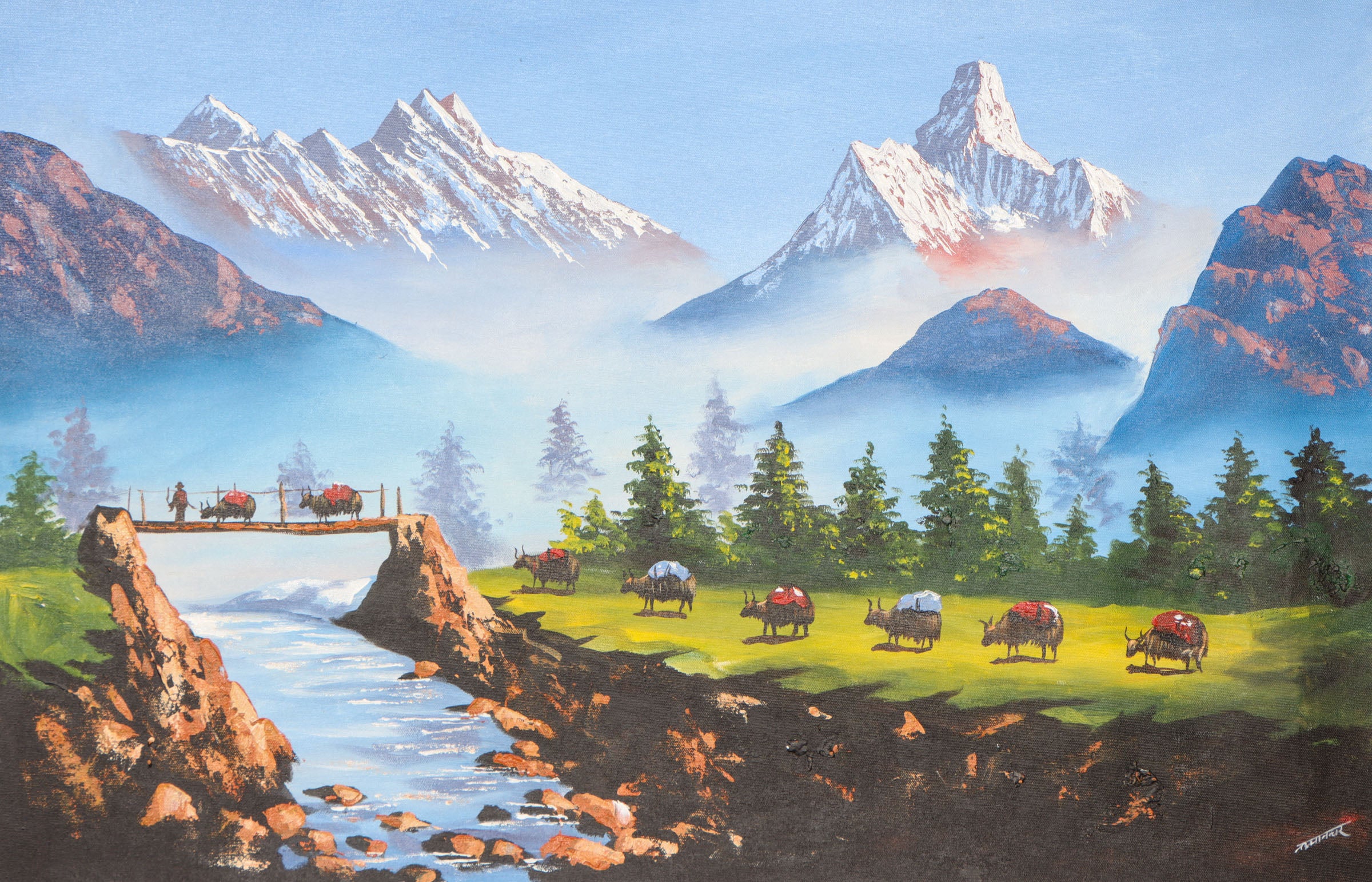 Oil Painting of Mount Everest with Beautiful Landscape of Yak grazing - Handpainted Art