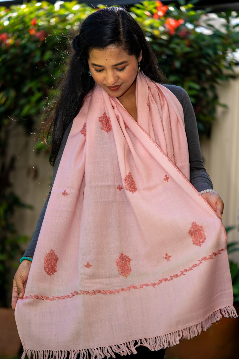 Light Pink Embroidery Pashmina Shawl- Handwoven shawl