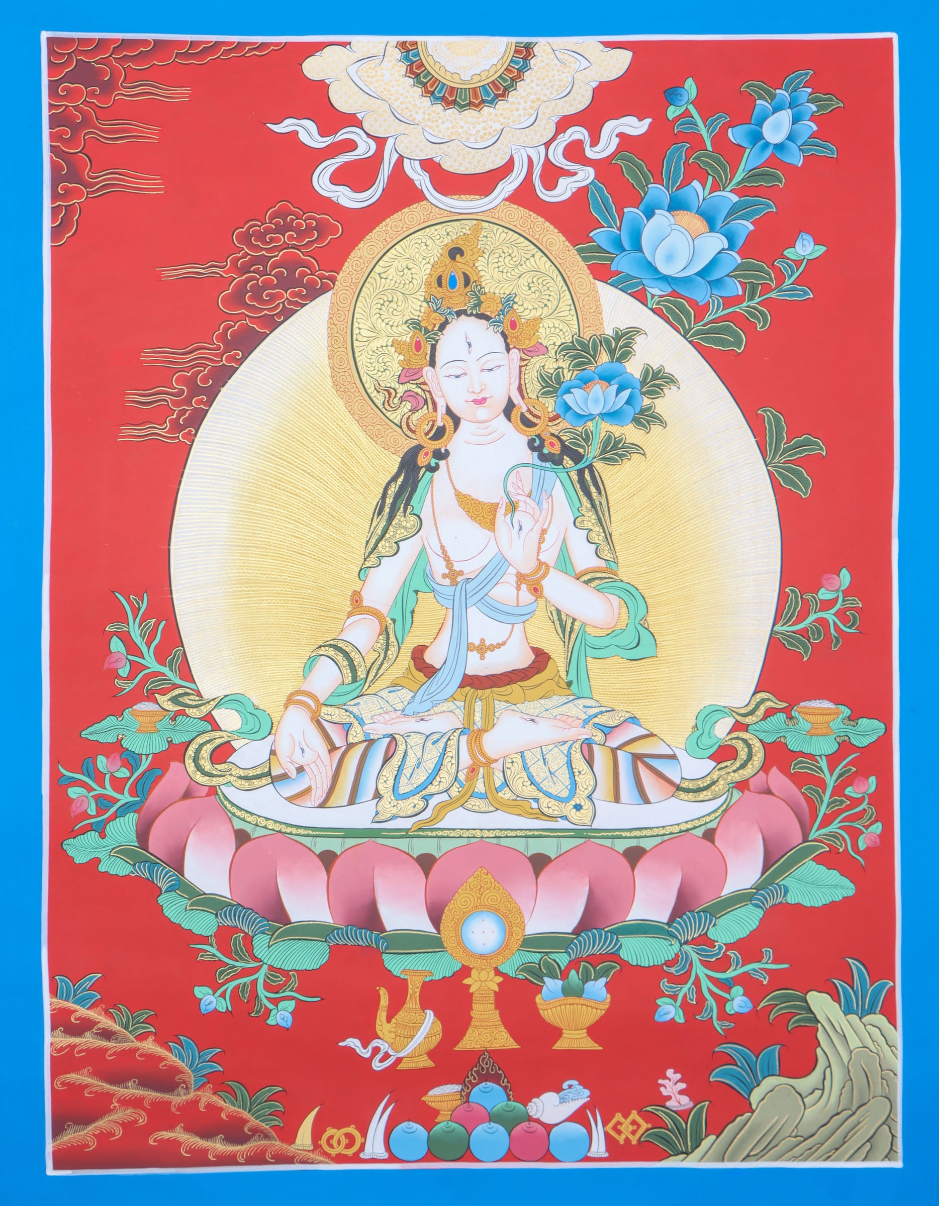 White Tara thangka is a powerful meditation tool, linking the practitioner to White Tara's love and wisdom.