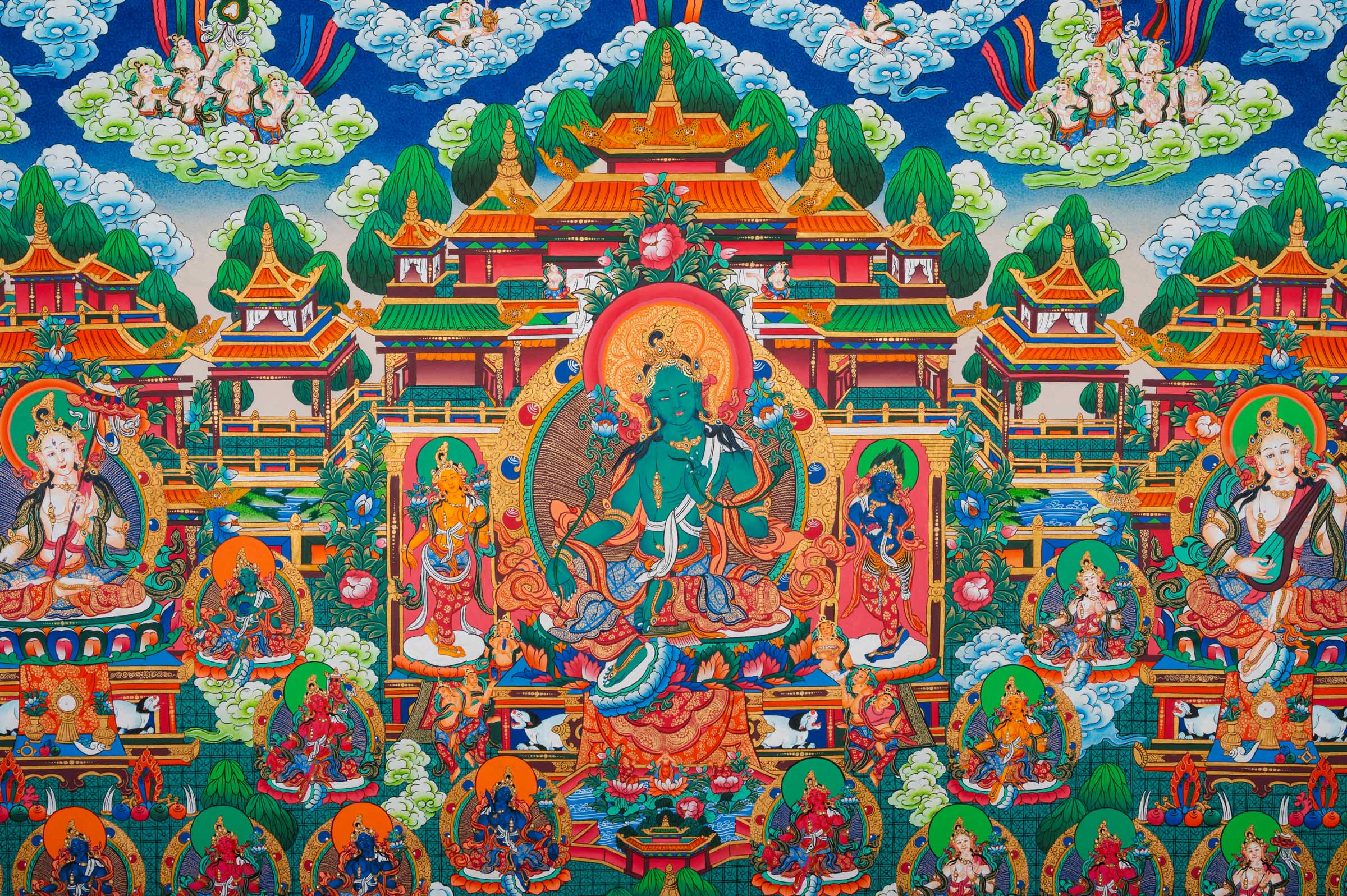 Masterpiece Green Tara Thangka  for sacred wall hanging decor.