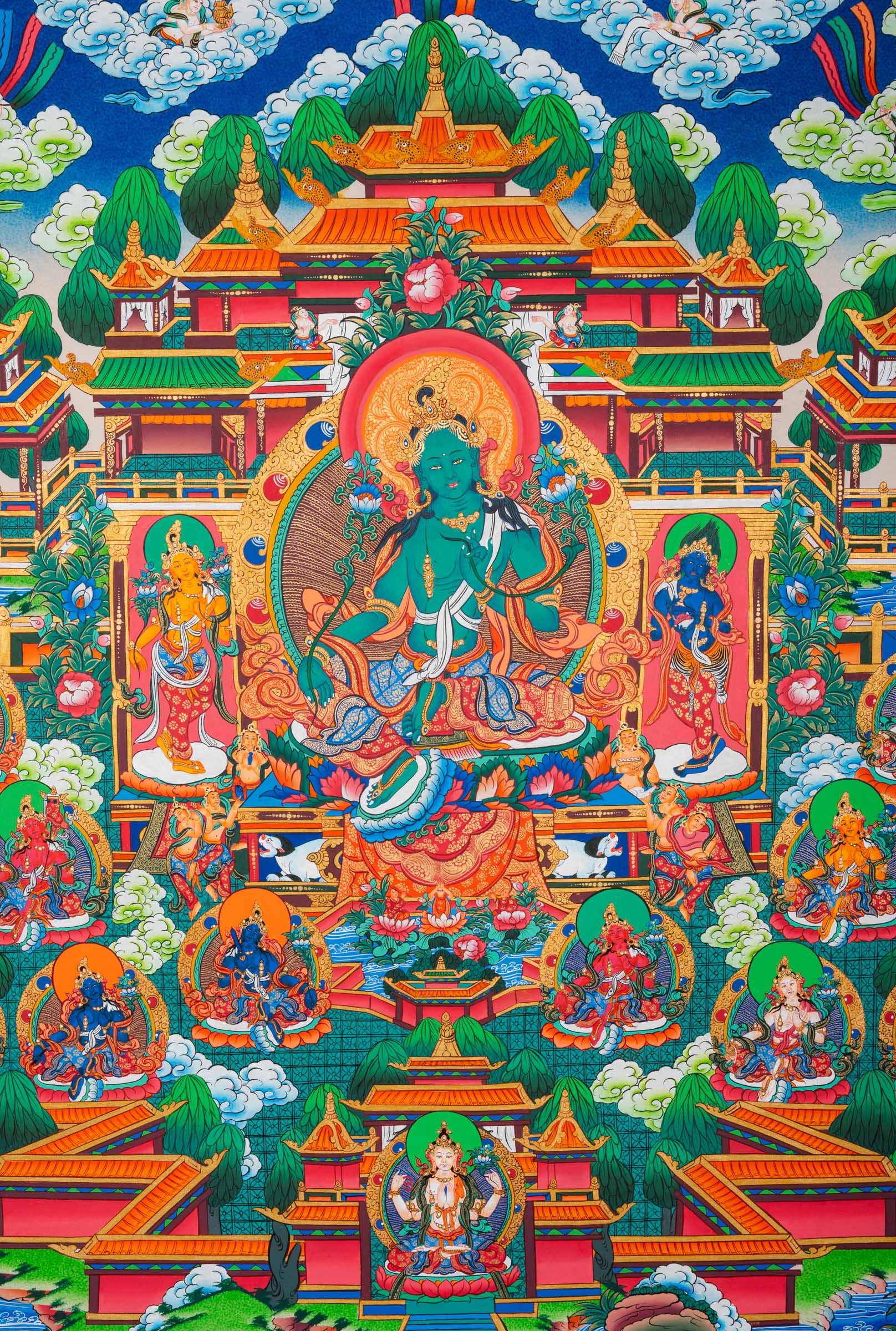 Masterpiece Green Tara Thangka  for sacred wall hanging decor.