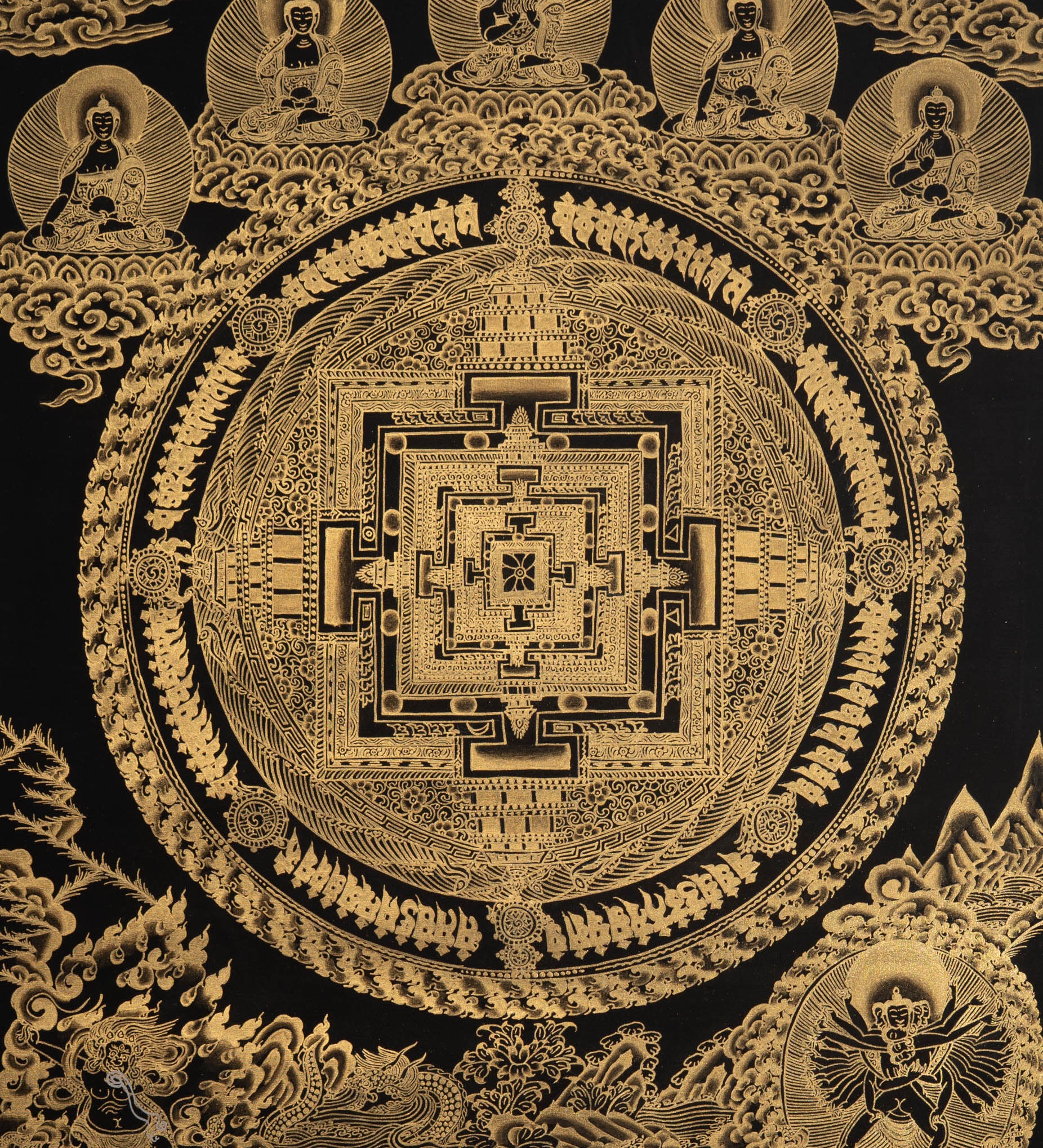 Golden Kalachakra Mandala Thangka - Tibetan Painting