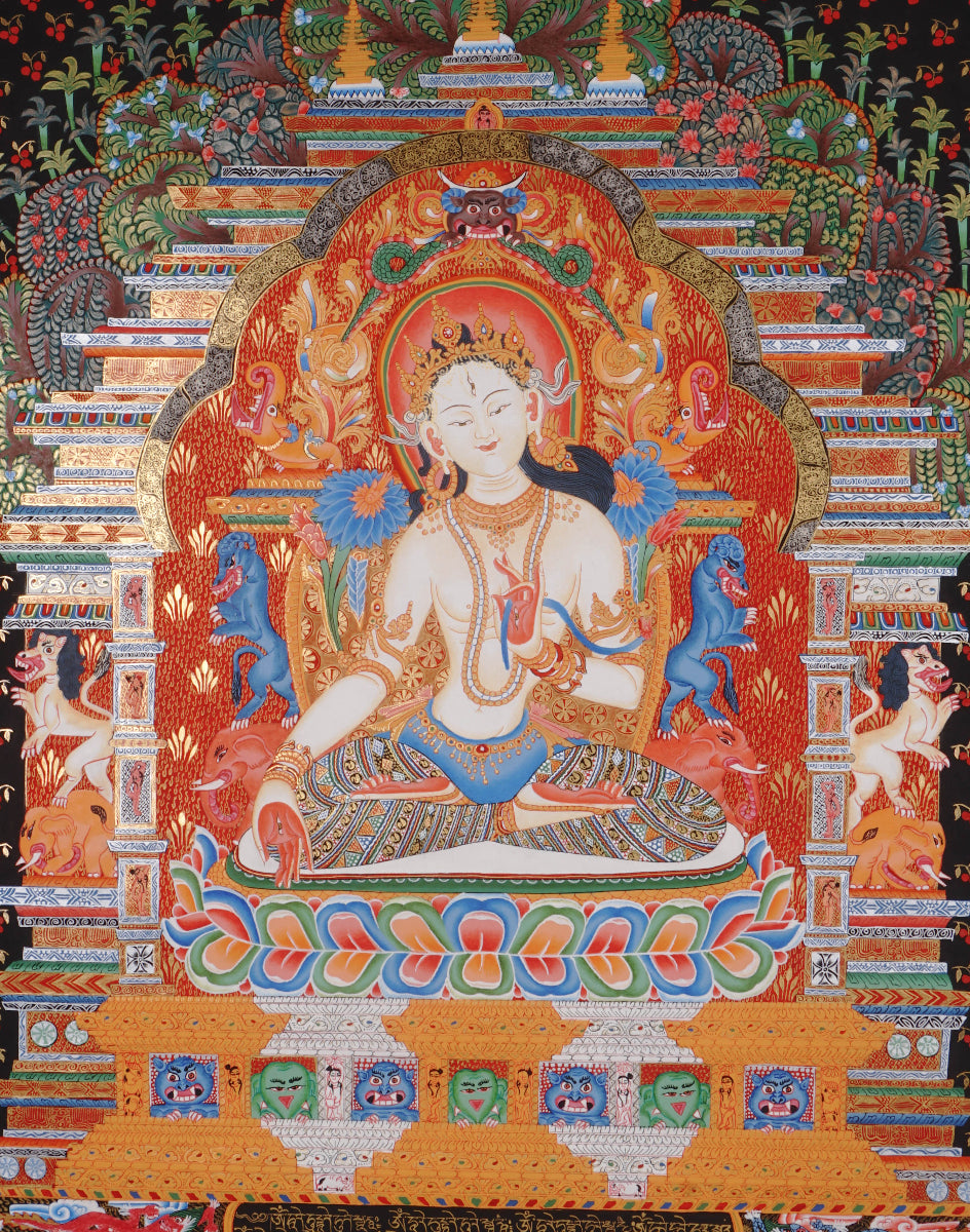 White Tara (Temple) Thangka Painting for prayer and meditation.