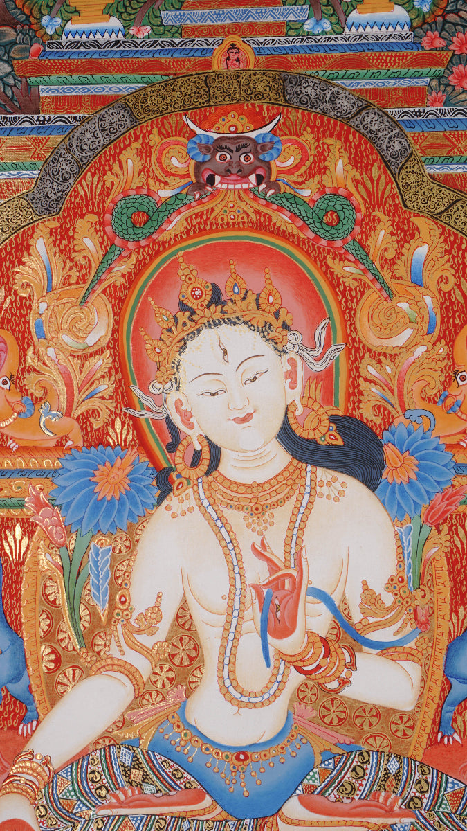 White Tara (Temple) Thangka Painting for prayer and meditation.