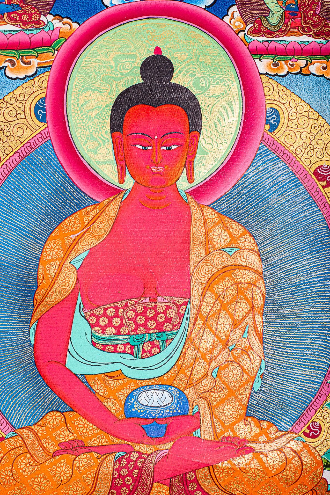 Amitabha Buddha Thangka painting on canvas with pancha buddha ( 5 Buddha) Tibetan Art
