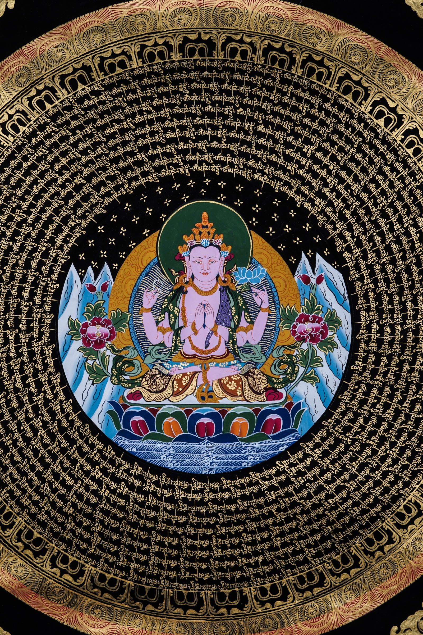 Black & Gold - Chengresi Mantra Mandala - Best handpainted thangka painting - HimalayasShop