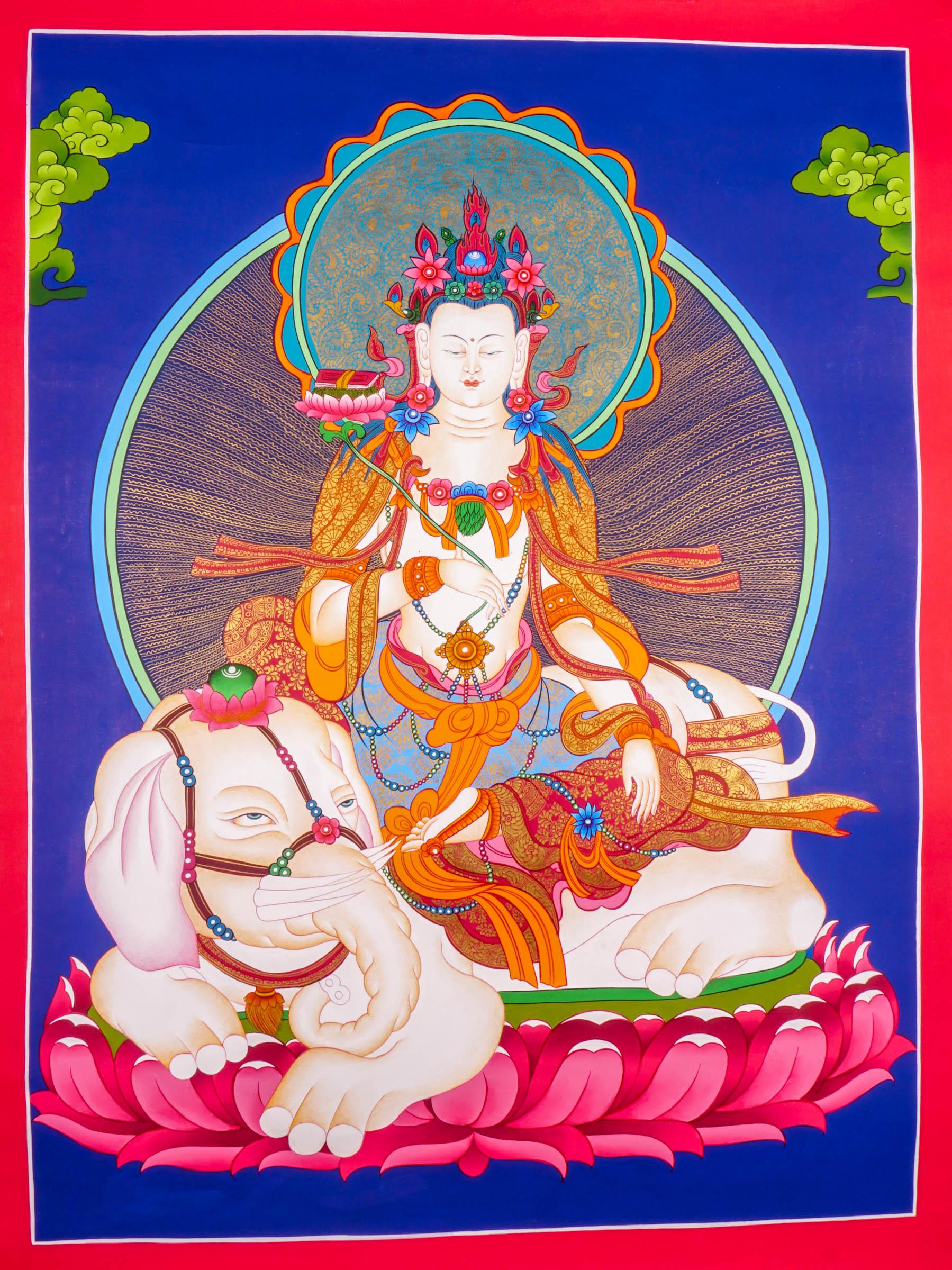 Japanese Thangka of Manjushri - God of wisdom on white Elephant