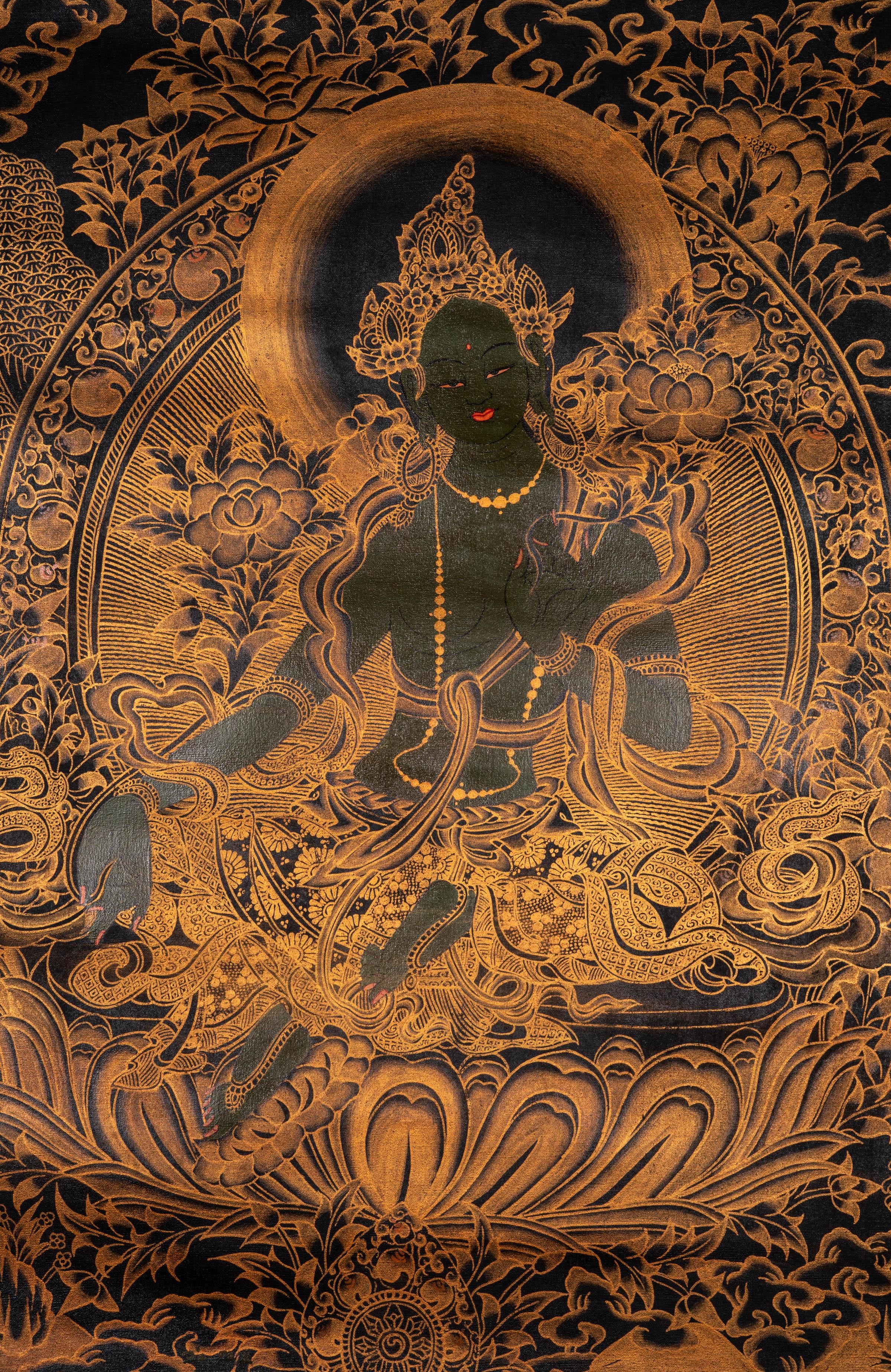 Antique Green Tara Thangka - Himalayas Shop