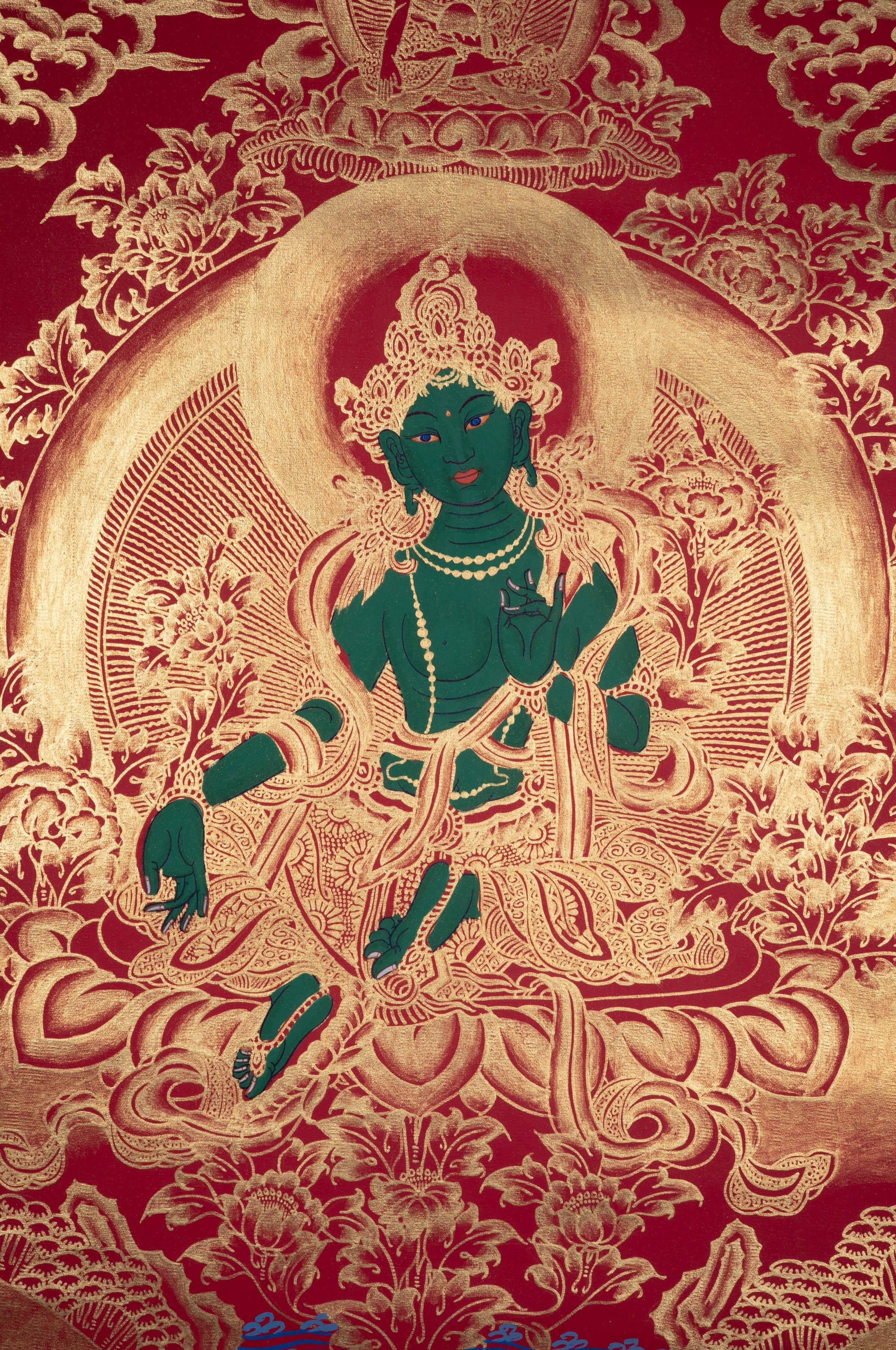 Beautiful Green Tara Tibetan Thangka Art with Pancha Buddha - Himalayas Shop