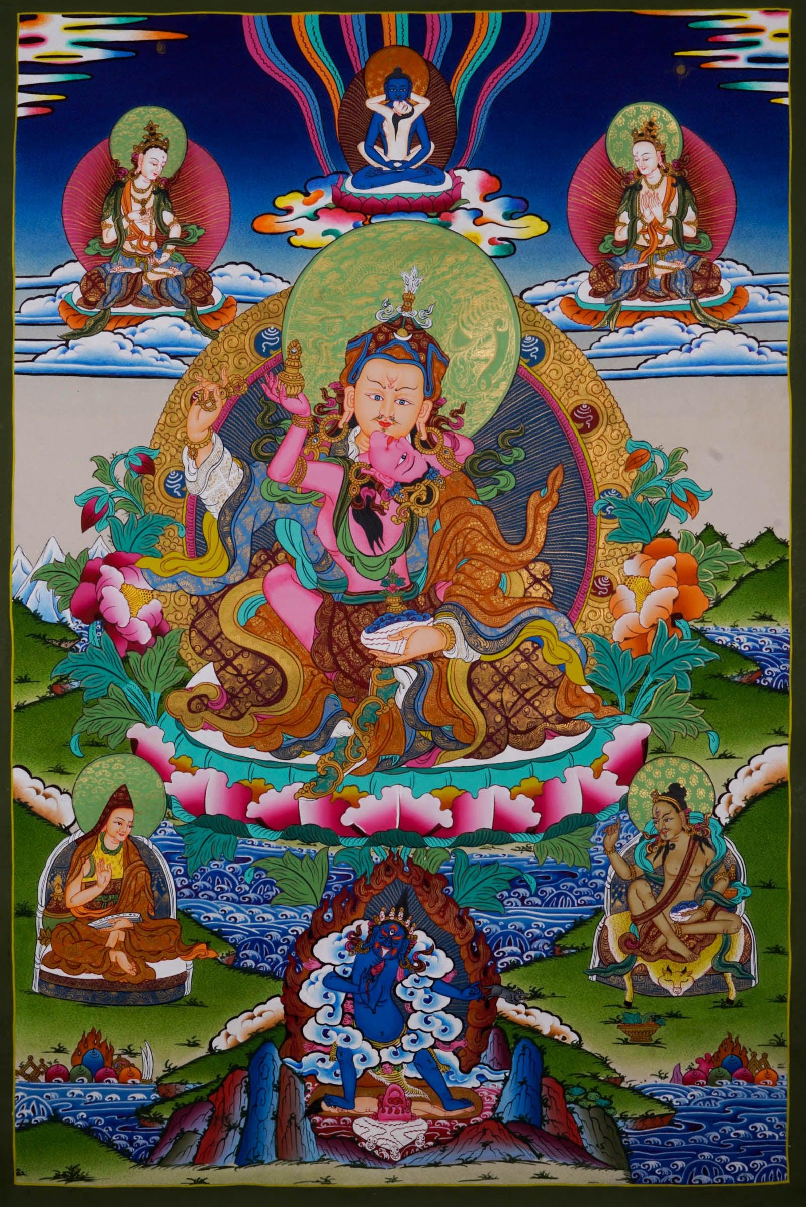 Thangka Painting - Guru Rinpoche with his consort  - Handmade thangka painting - HimalayasShop