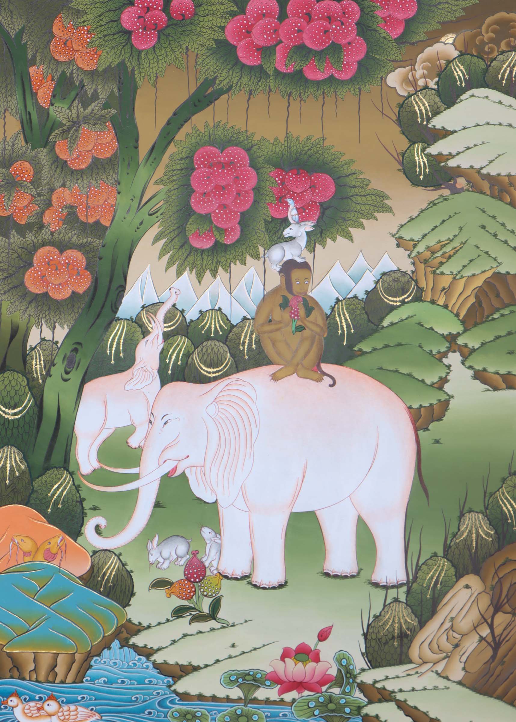 Thangka Painting of 4 Harmonious Friends - Himalayas Shop