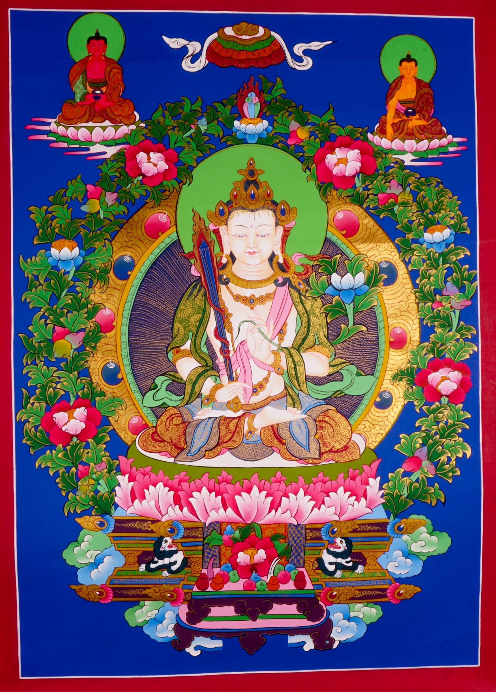 Japanese style thangka painting on canvas of Manjushri