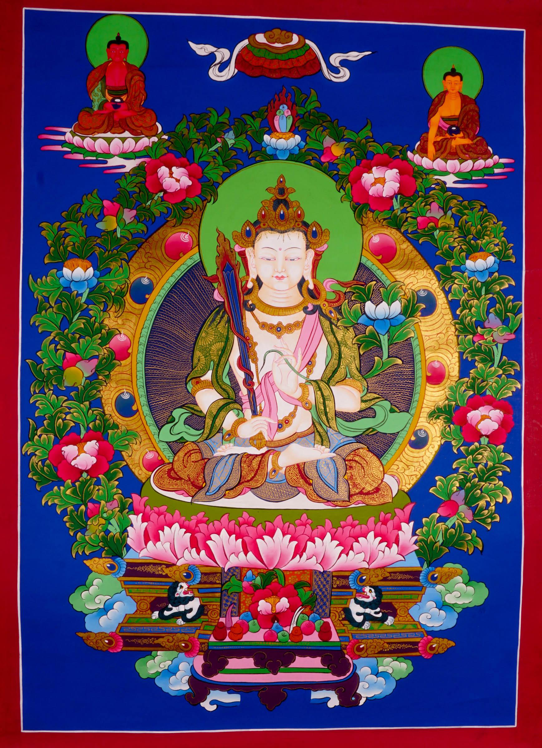 Japanese style thangka painting on canvas of Manjushri