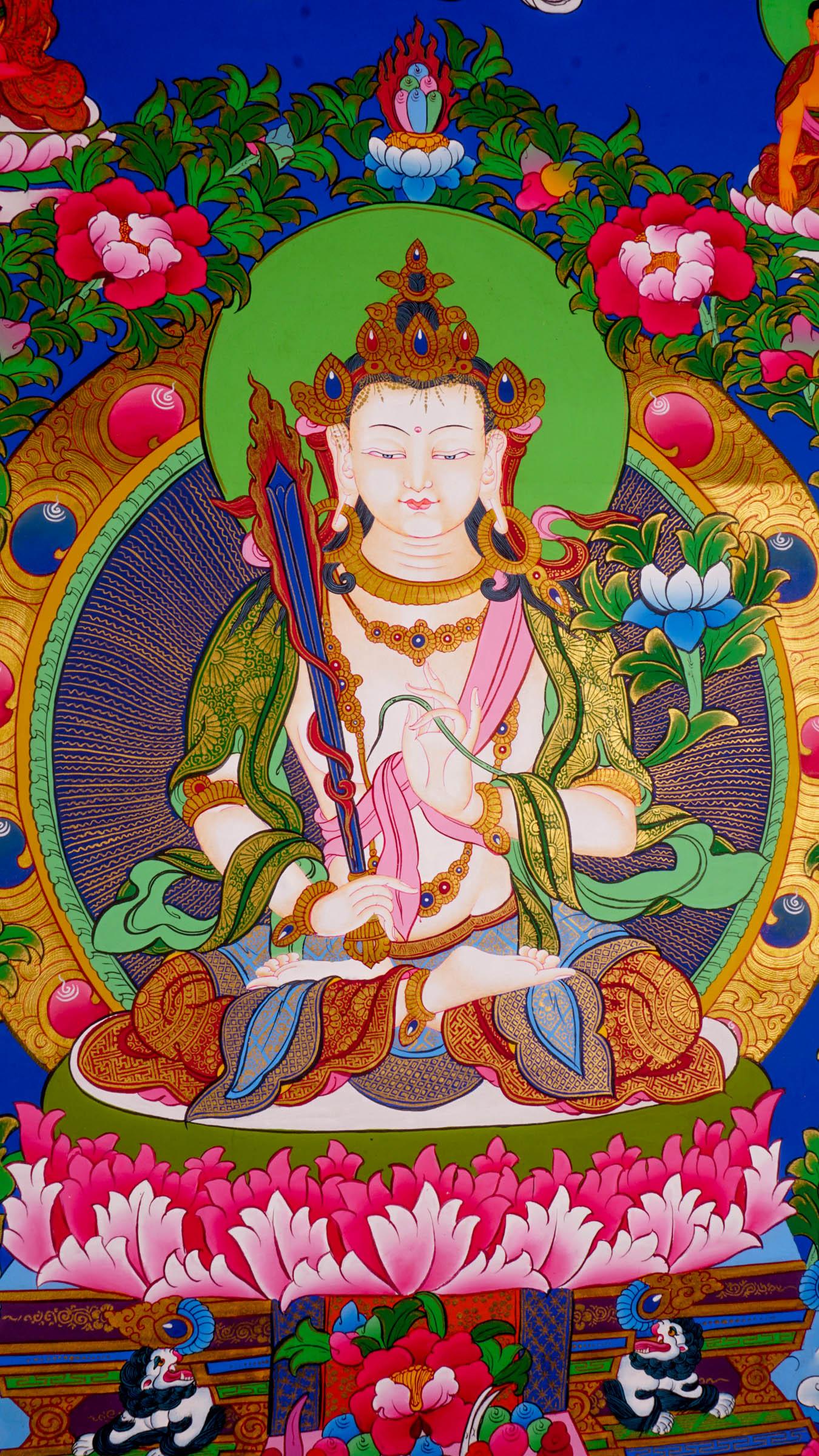 Japanese style thangka painting on canvas of Manjushri