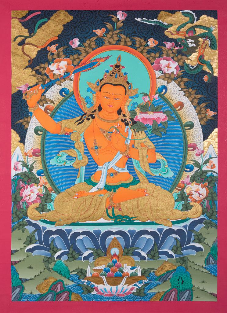 Manjushri is the Bodhisattva of transcendent wisdom. With the double-edged  sword on his right hand he cuts through the illusion and with his left hand holds a lotus with book of Prajna Paramita. 