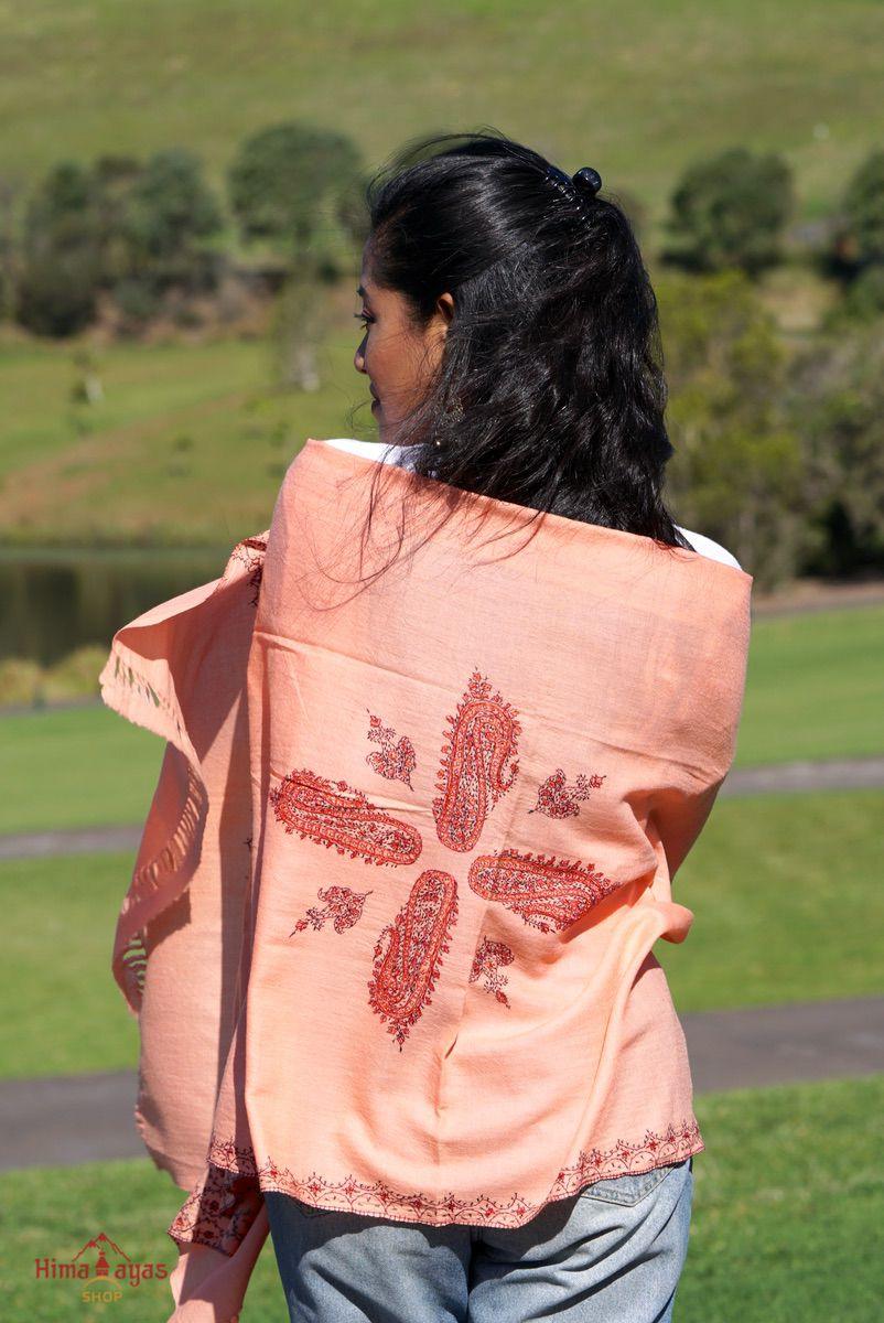 Ethically sourced biodegradable pashmina shawl from Nepal.  This salmon pink color pashmina shawl is most women favourite!