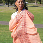 Ethically sourced biodegradable pashmina shawl from Nepal.  This salmon pink color pashmina shawl is most women favourite!