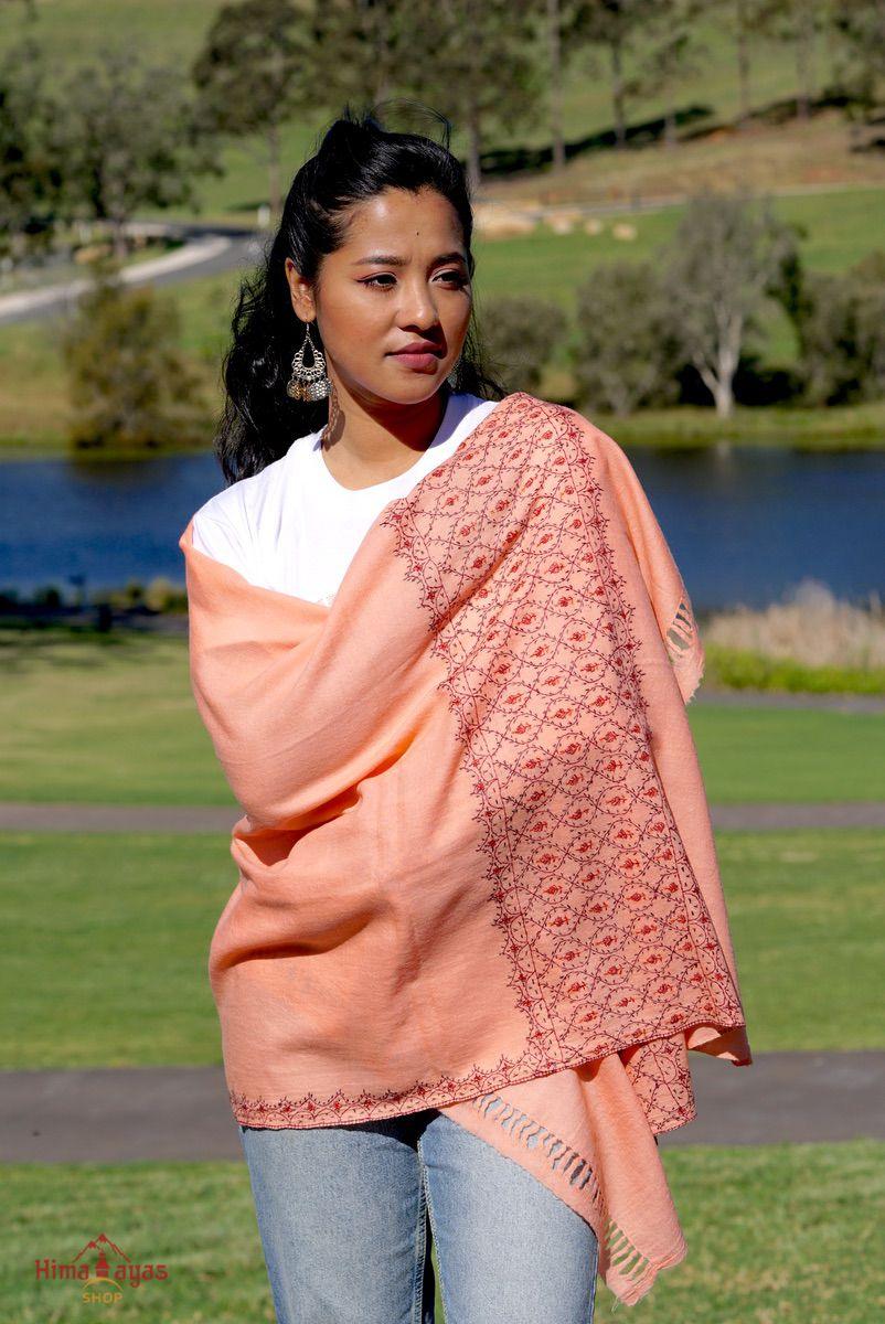 Ethically sourced biodegradable pashmina shawl from Nepal.  This salmon pink color pashmina shawl is most women favourite!