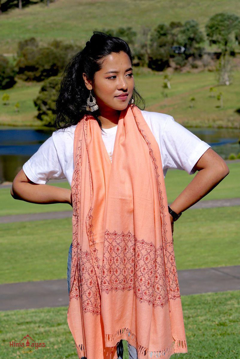 Ethically sourced biodegradable pashmina shawl from Nepal.  This salmon pink color pashmina shawl is most women favourite!