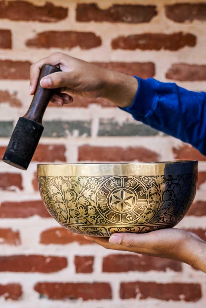 Singing Bowl with Chakra Art . Sound healing and meditation large bowl.