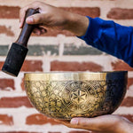Singing Bowl with Chakra Art . Sound healing and meditation large bowl.