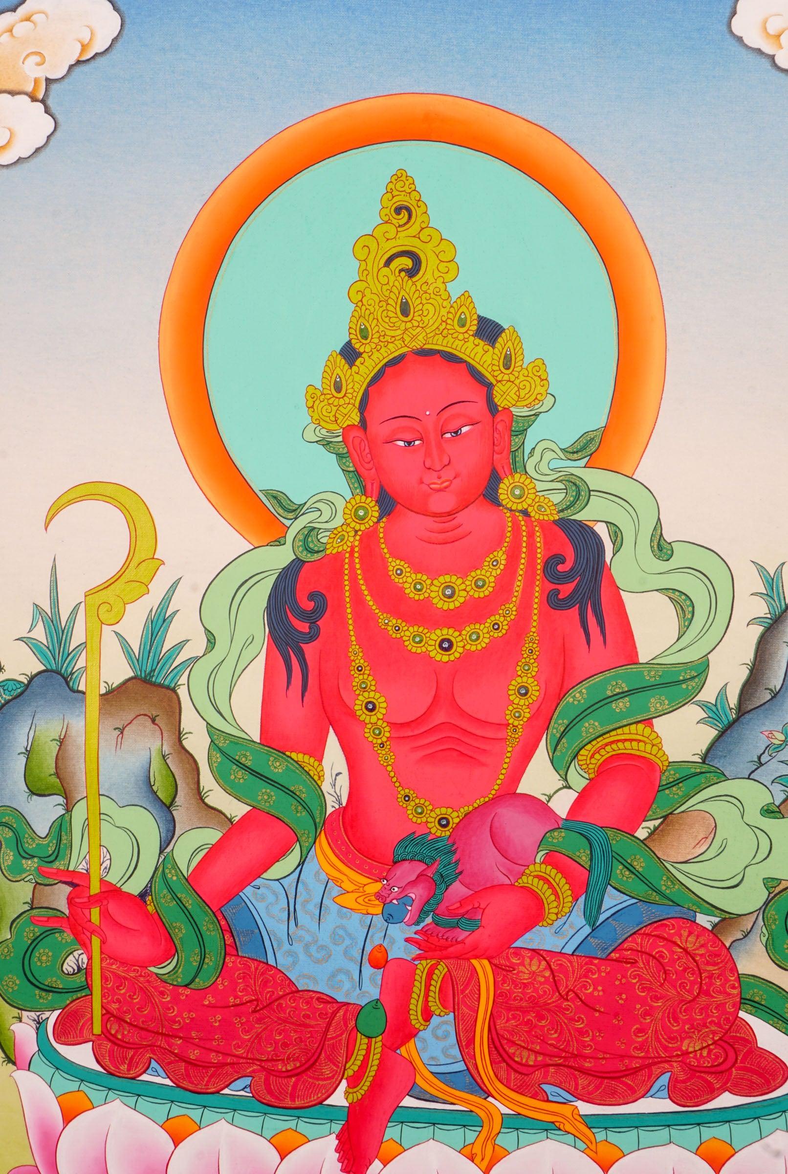 Red Tara Tibetan Thangka art on canvas for wall hanging. Female Devi deity .