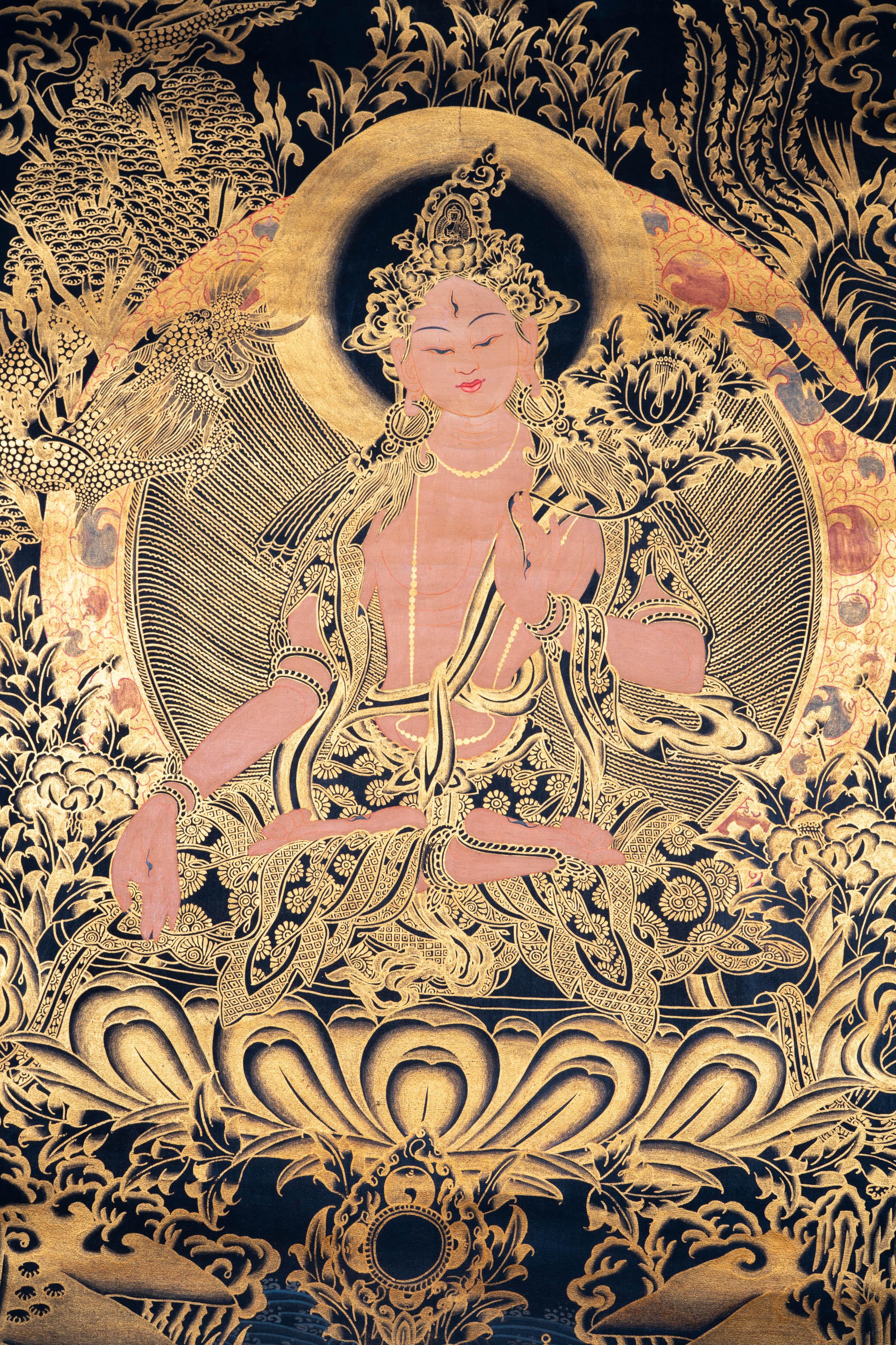 Golden White Tara Authentic Handmade Thangka - Himalayas Shop