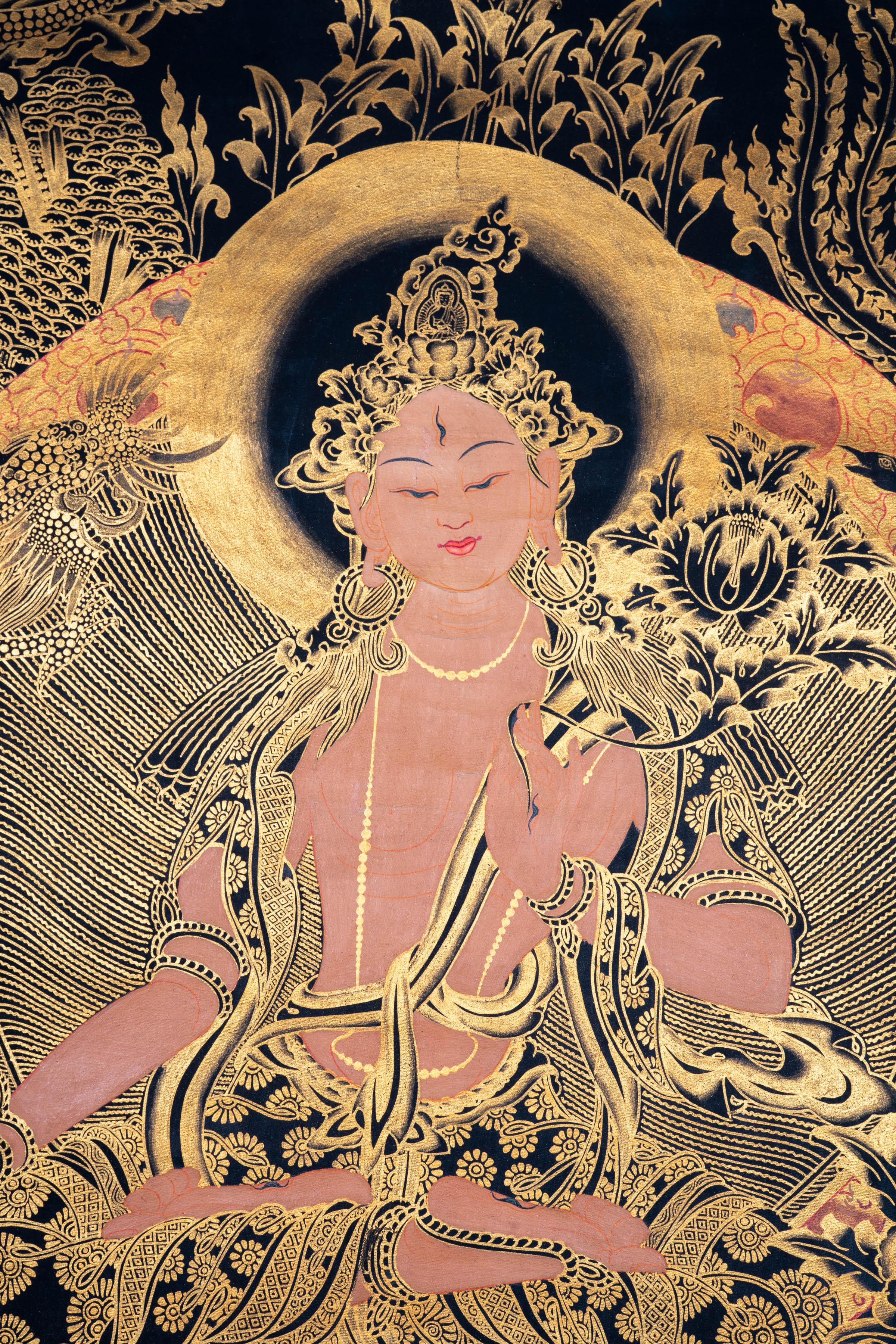 Golden White Tara Authentic Handmade Thangka - Himalayas Shop