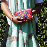 Beautiful Cashmere design pouch made with hand-embroidery design with a very fine embellishment that involves elaborate and intricate floral motifs.