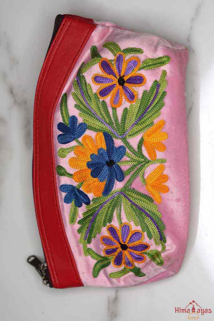 Beautiful Cashmere design pouch made with hand-embroidery design with a very fine embellishment that involves elaborate and intricate floral motifs.
