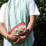 Beautiful Cashmere design pouch made with hand-embroidery design with a very fine embellishment that involves elaborate and intricate floral motifs.