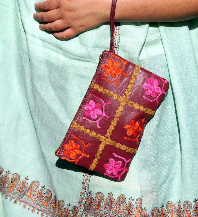Beautiful handmade wristlet purse with Kashmiri embroidery for everyday use.