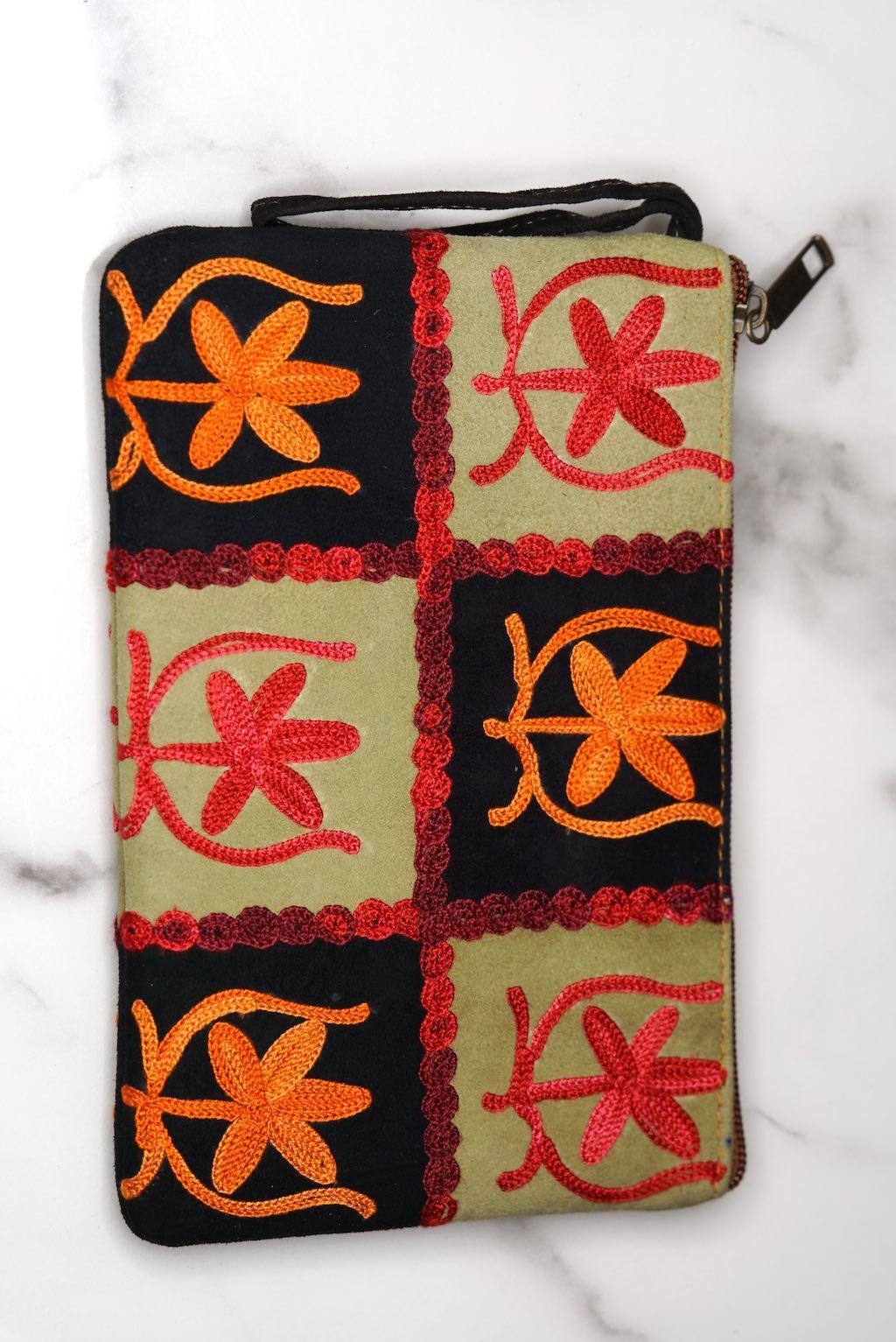 Everyday purse with beautiful handmade cashmere embroidery,  boho style wristlet purse.